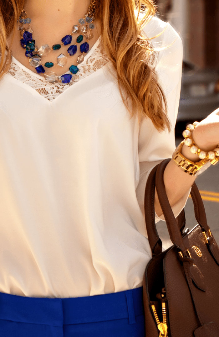 Ivory Lace and Tile Blue Trendy Work Outfit