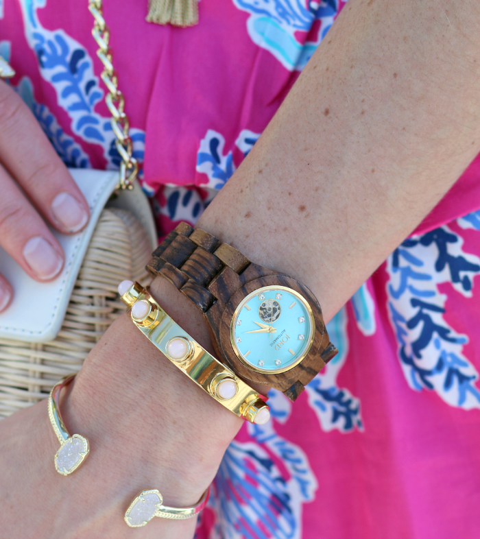 Lilly Pulitzer Dusk Romper in Capri Pink Samba styled by southern fashion blogger Stephanie Ziajka from Diary of a Debutante, Lilly Pulitzer romper, Lilly Pulitzer vacation outfit, Lilly Pulitzer Key West, womens JORD wood watch