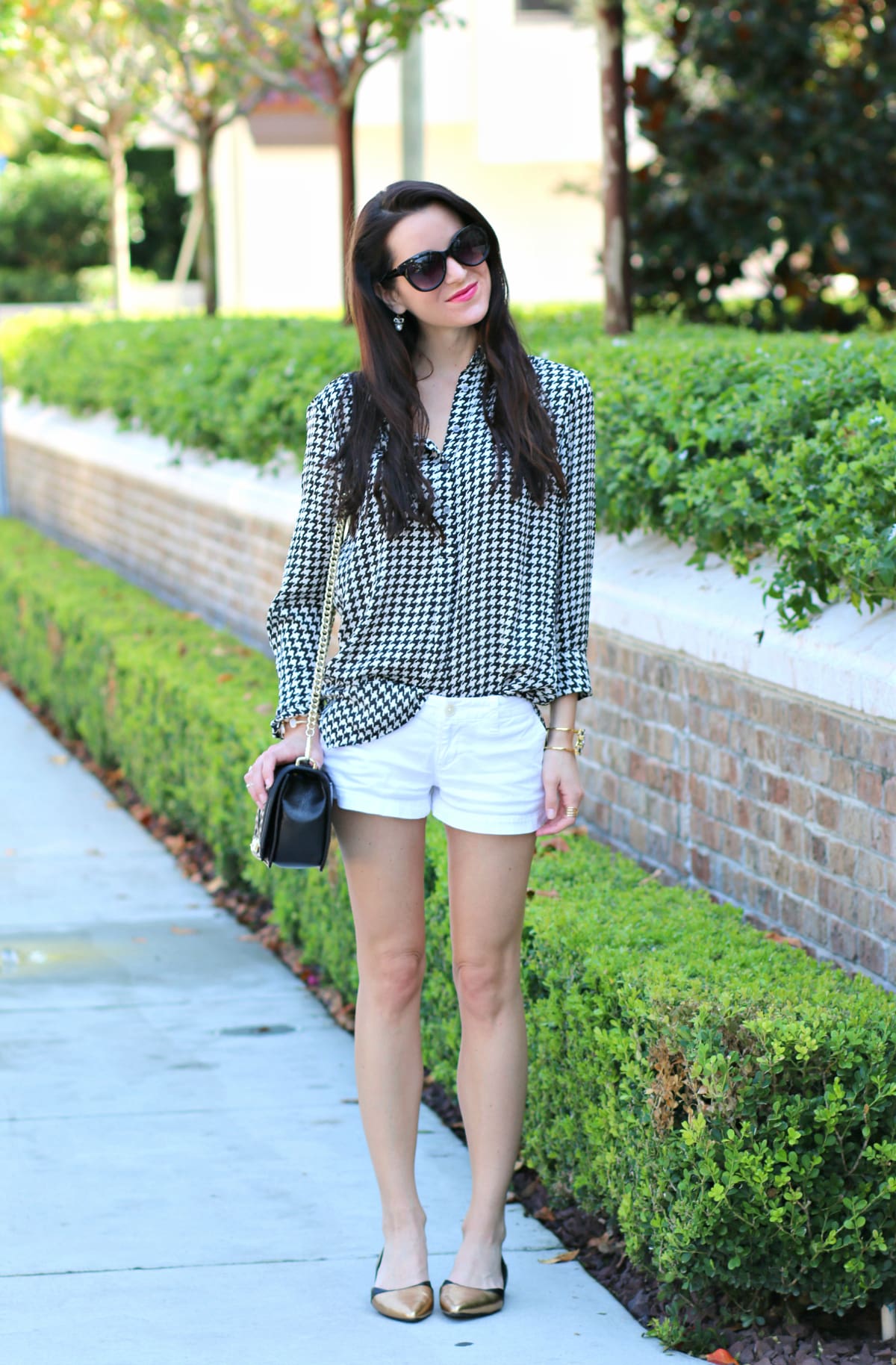 Ralph Lauren houndstooth blouse with white shorts and gold-dipped Rockport flats