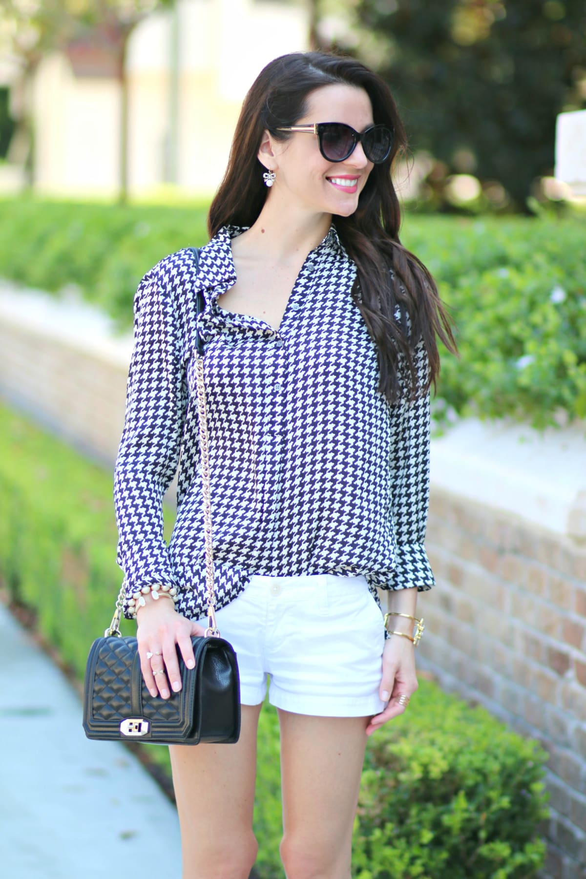 Ralph Lauren houndstooth blouse with white shorts and gold-dipped Rockport flats