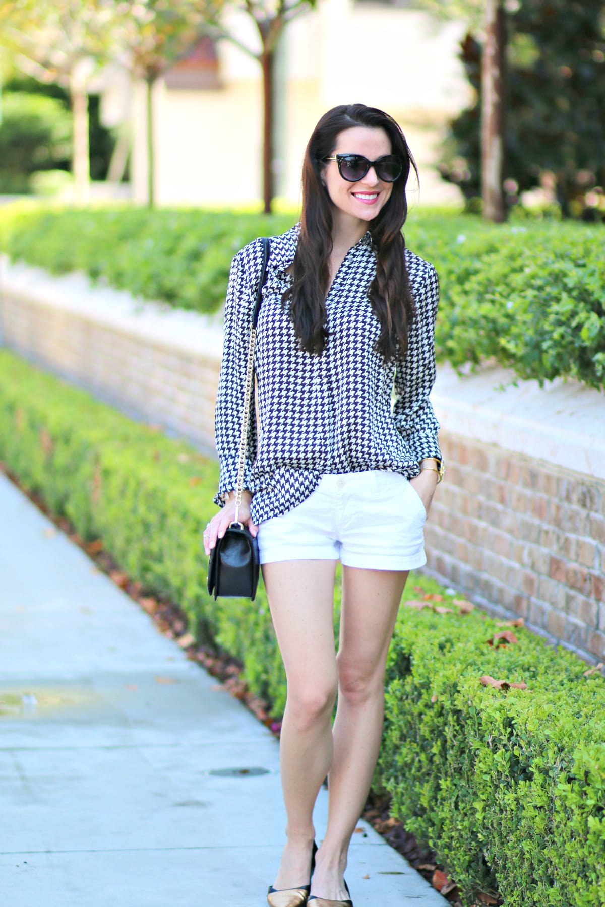 Ralph Lauren houndstooth blouse with white shorts and gold-dipped Rockport flats