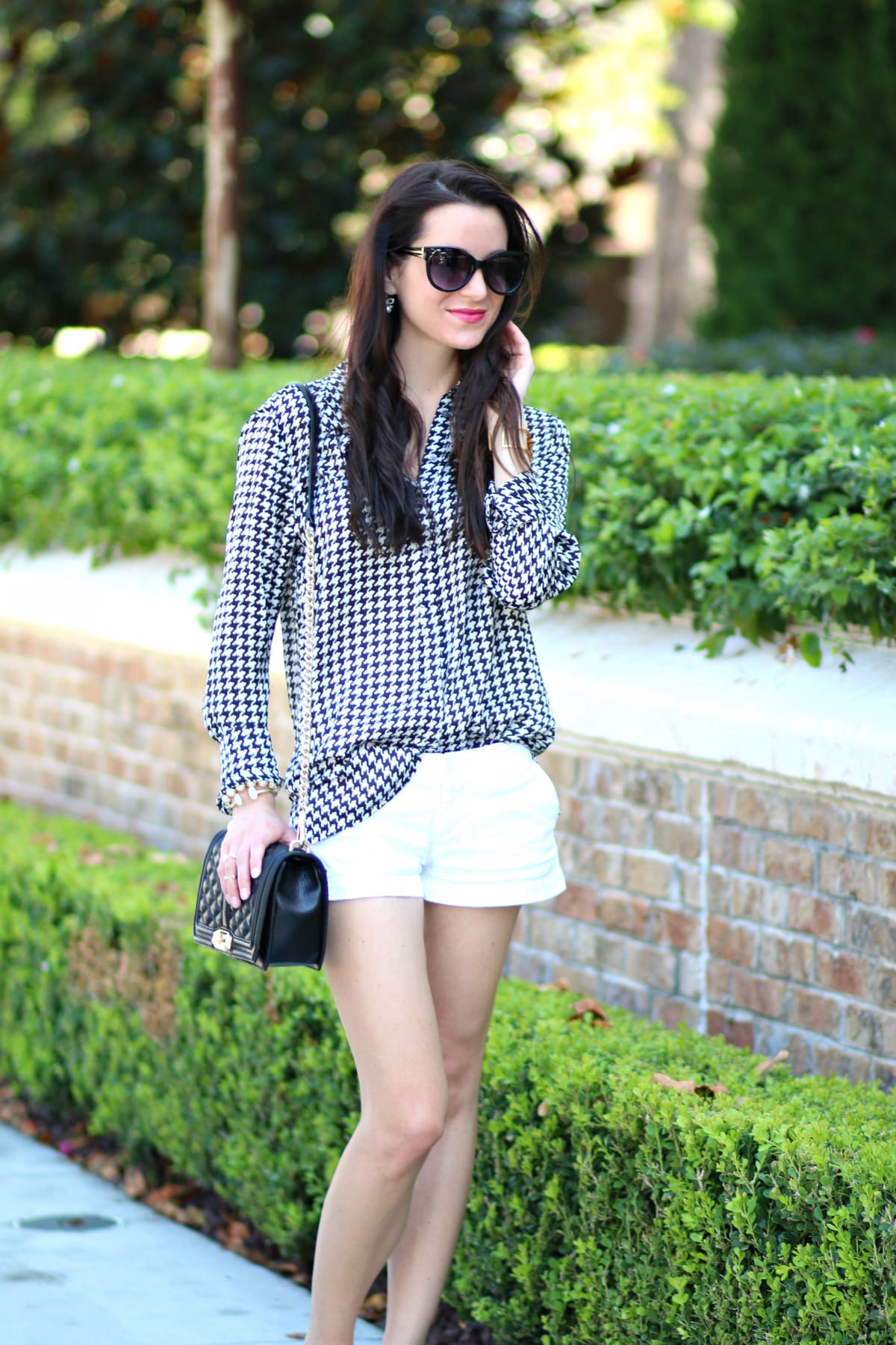 Ralph Lauren houndstooth blouse with white shorts and gold-dipped Rockport flats