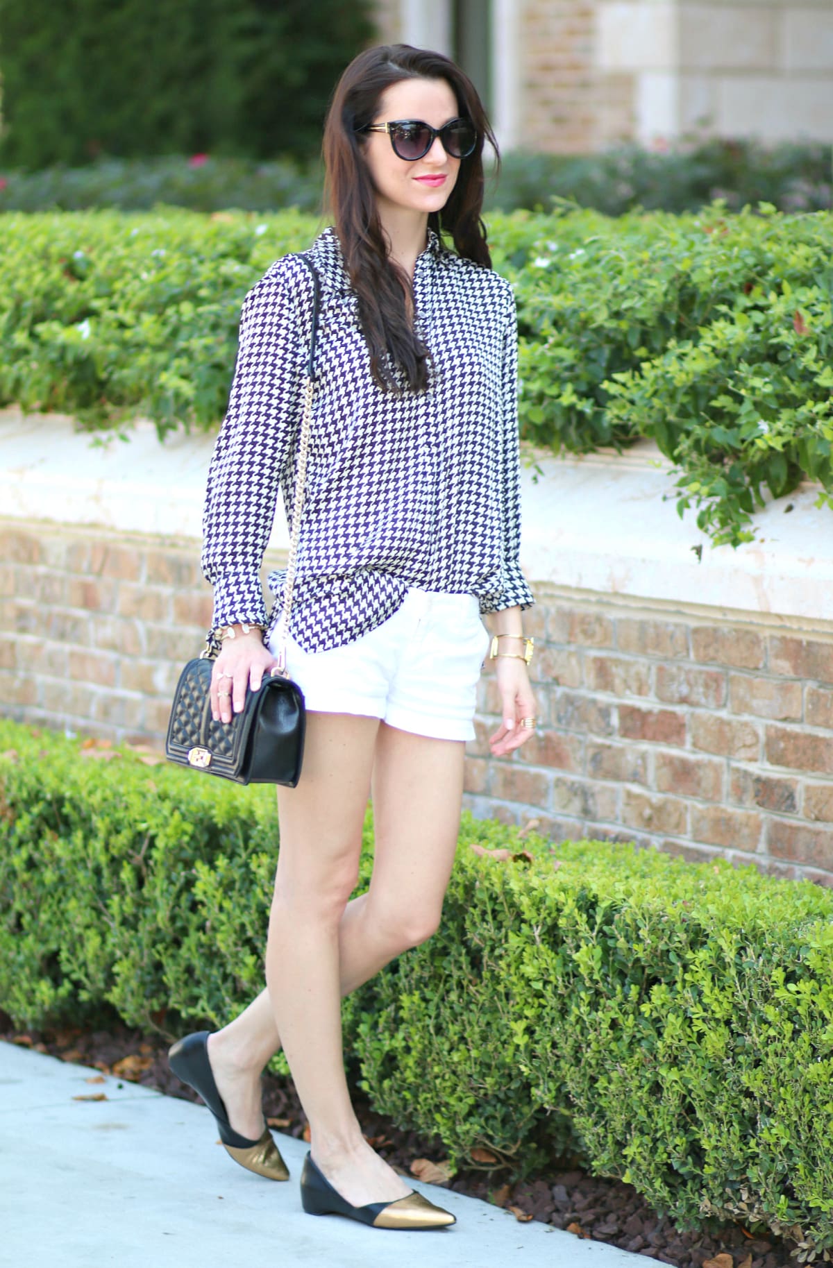 Ralph Lauren houndstooth blouse with white shorts and gold-dipped Rockport flats