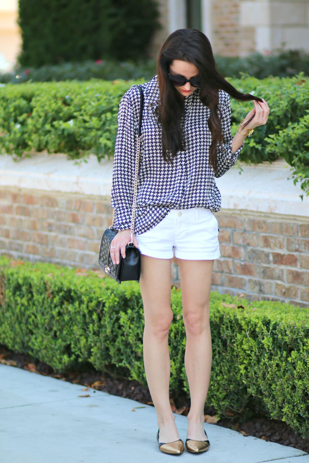 Ralph Lauren houndstooth blouse with white shorts and gold-dipped Rockport flats