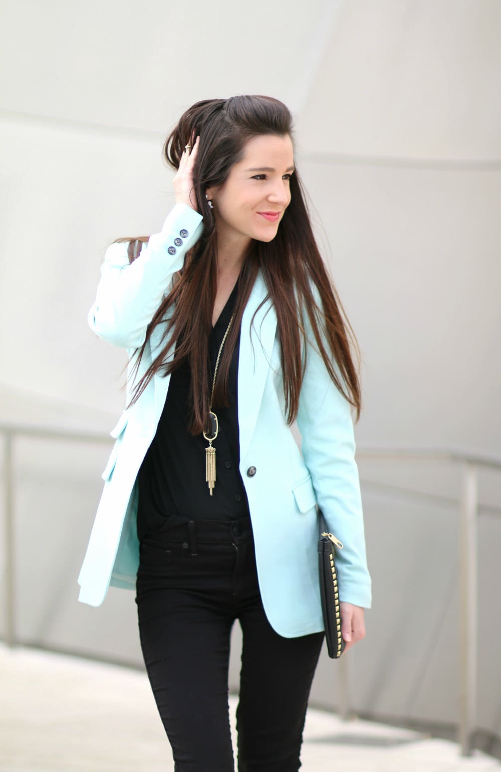 turquoise blazer, mint blazer, black and mint outfit, Banana Republic blazer, Stephanie Ziajka, Diary of a Debutante