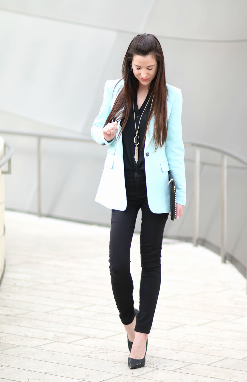 turquoise blazer, mint blazer, black and mint outfit, Banana Republic blazer, Stephanie Ziajka, Diary of a Debutante
