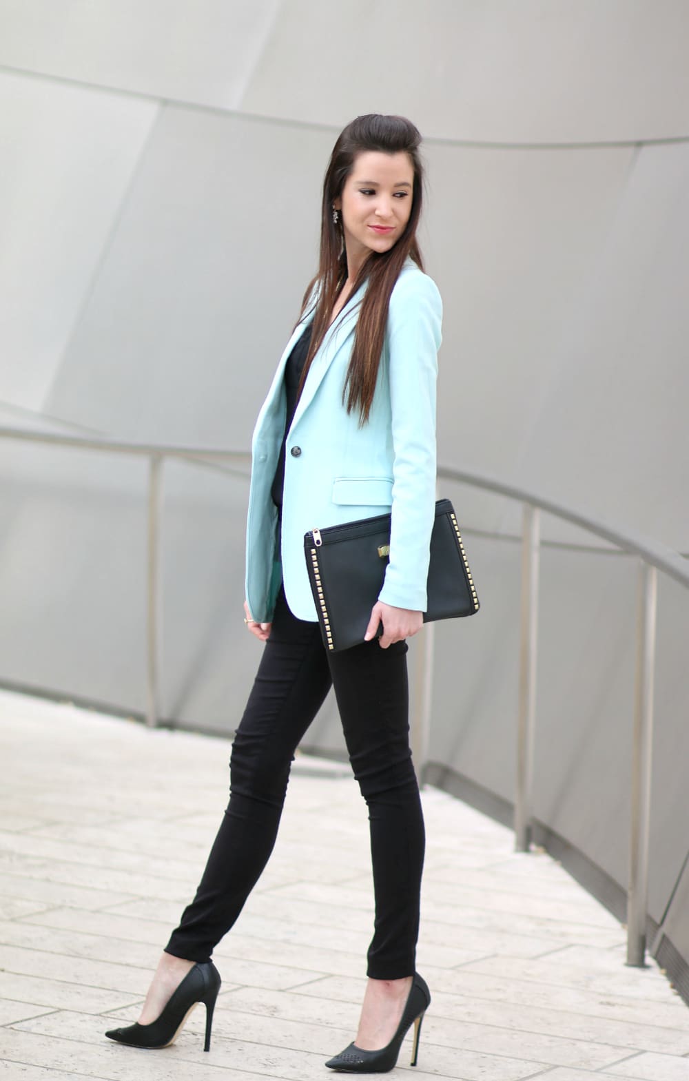 turquoise blazer, mint blazer, black and mint outfit, Banana Republic blazer, Stephanie Ziajka, Diary of a Debutante