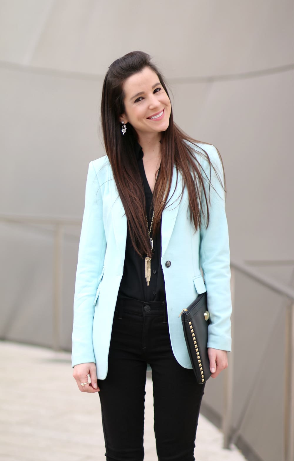 turquoise blazer, mint blazer, black and mint outfit, Banana Republic blazer, Stephanie Ziajka, Diary of a Debutante