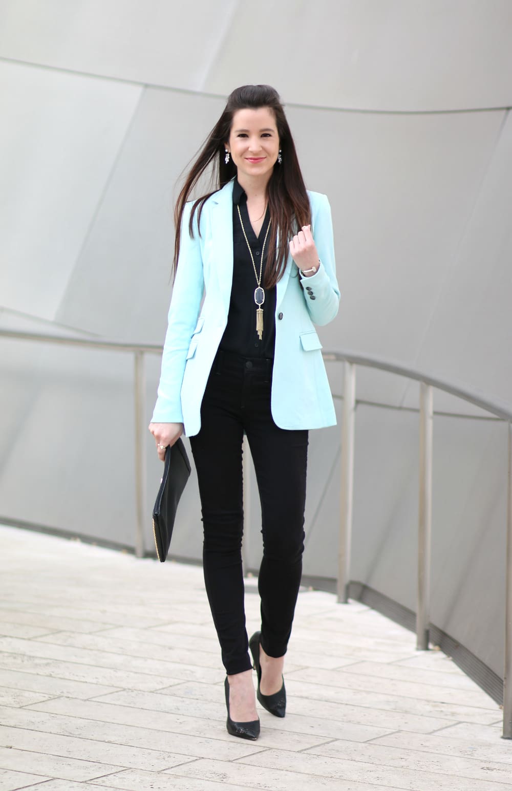 turquoise blazer, mint blazer, black and mint outfit, Banana Republic blazer, Stephanie Ziajka, Diary of a Debutante