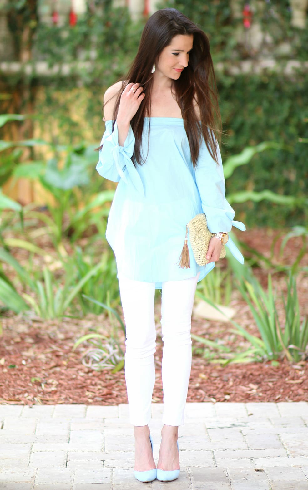 off the shoulder blouse, Blue Off the Shoulder Top, Off the Shoulder Top, Blue SheInside Blouse, Cute Spring Outfit, Stephanie Ziajka, diary of a Debutante