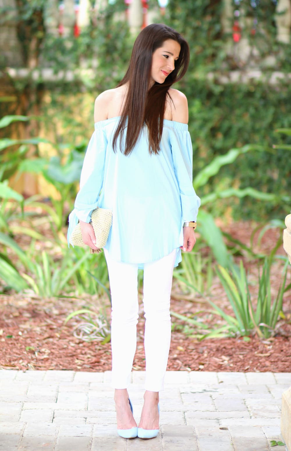 off the shoulder blouse, Blue Off the Shoulder Top, Off the Shoulder Top, Blue SheInside Blouse, Cute Spring Outfit, Stephanie Ziajka, diary of a Debutante
