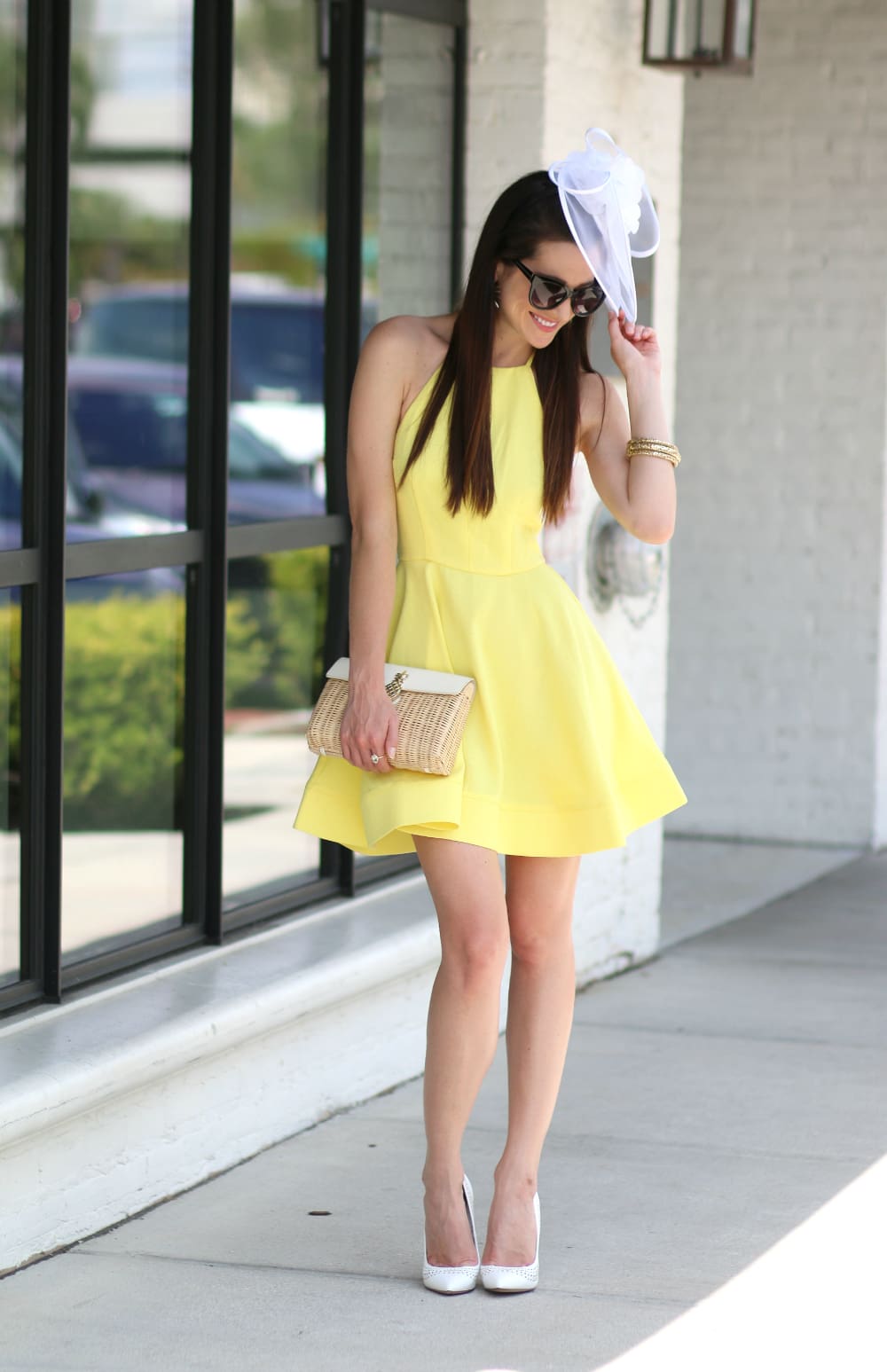 fascinator hat, Mint Julep Boutique Dress, Yellow Derby Dress, Yellow Derby Day Outfit, Cute Derby Day Outfit, Mint Julep Dress, White Fascinator, How to Wear a Fascinator, Stephanie Ziajka, Diary of a Debutante, Derby Day Fashion