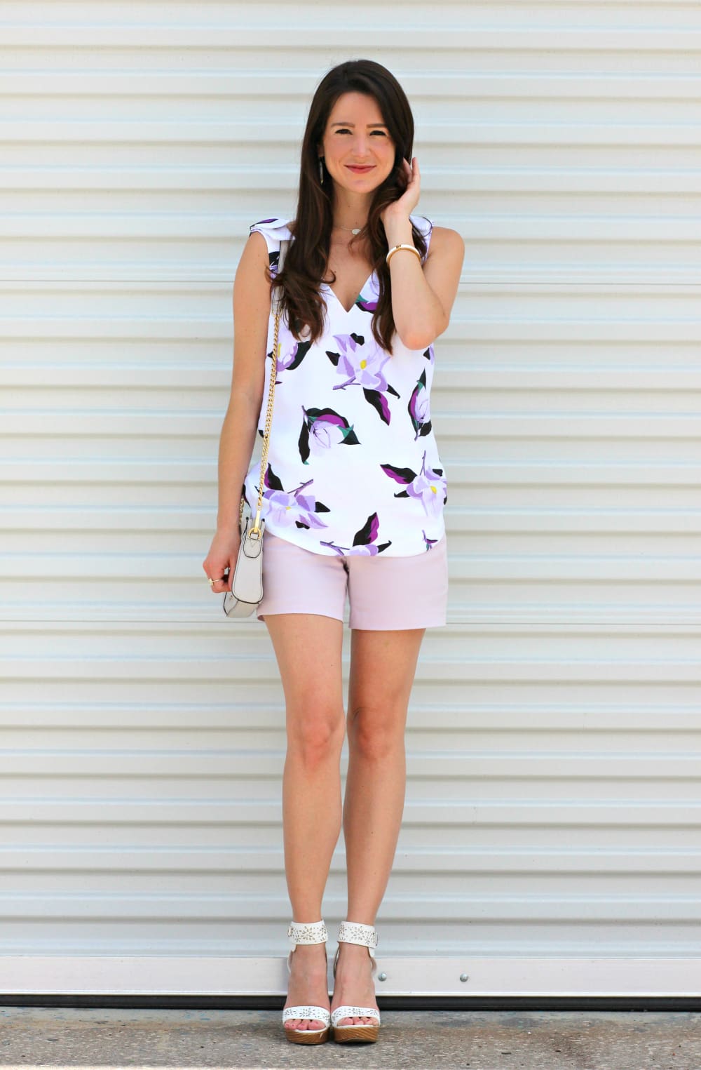 Lilac Shorts, Banana Republic Shorts, Banana Republic Floral Blouse, Sleeveless Floral Blouse, Stephanie Ziajka, Diary of a Debutante