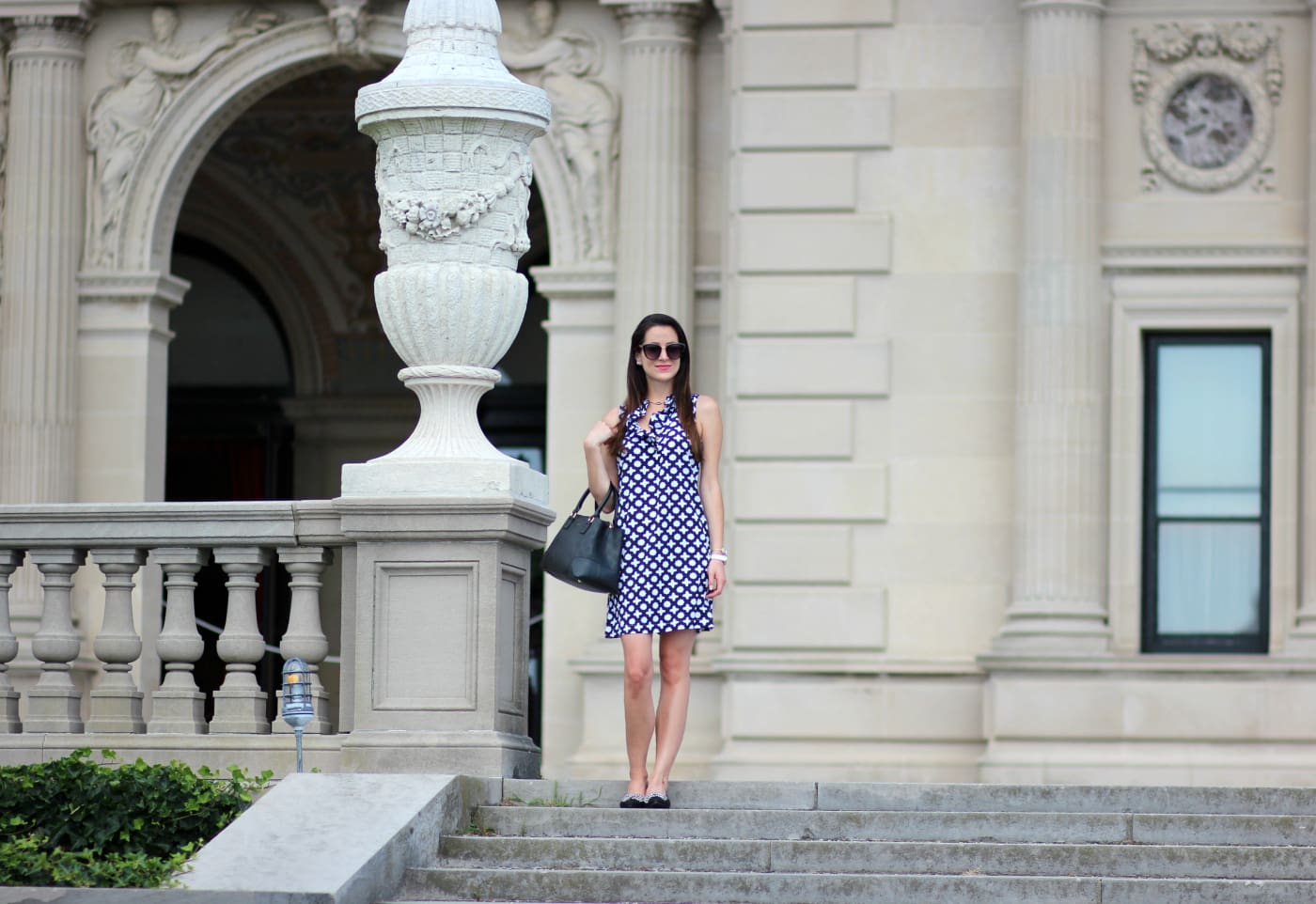 Brit Rose black and white ruffle dress for brunch at The Breakers in Newport, Rhode Island