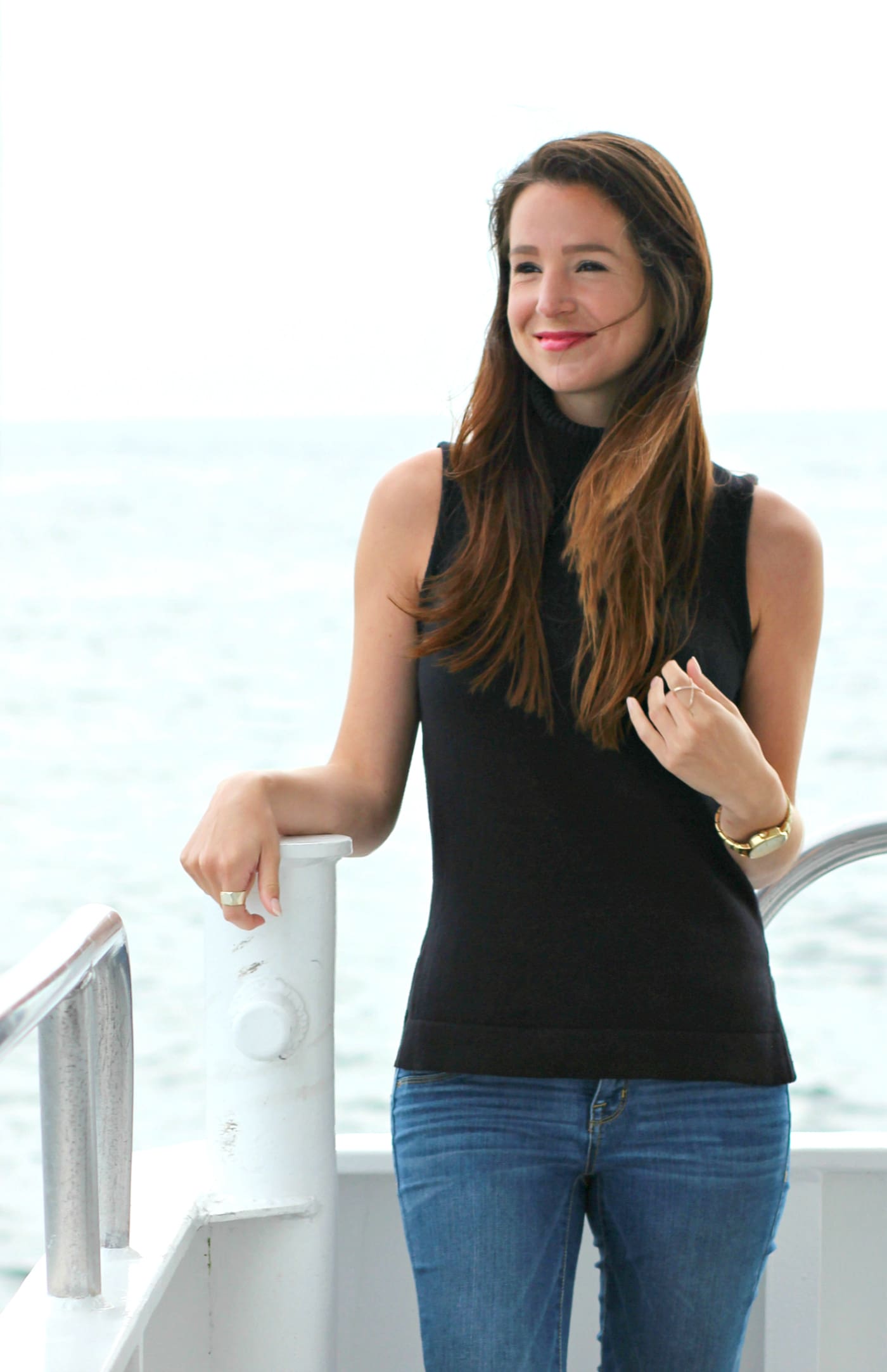Whale watching in Maine with a J. Crew Factory sleeveless turtleneck, Hunter tain boots, and a handful of Zone Bars