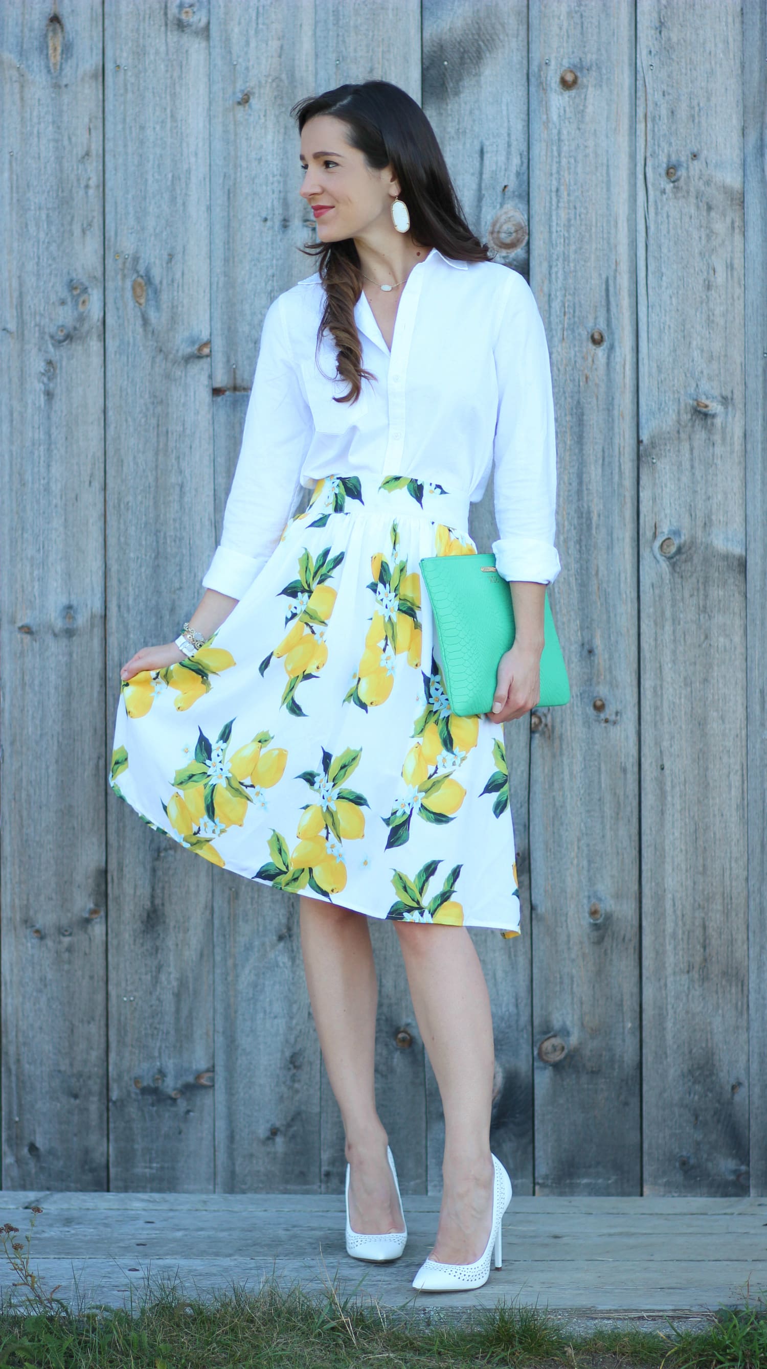 Zaful lemon print skirt with a white J.Crew Factory oxford and kelly green clutch