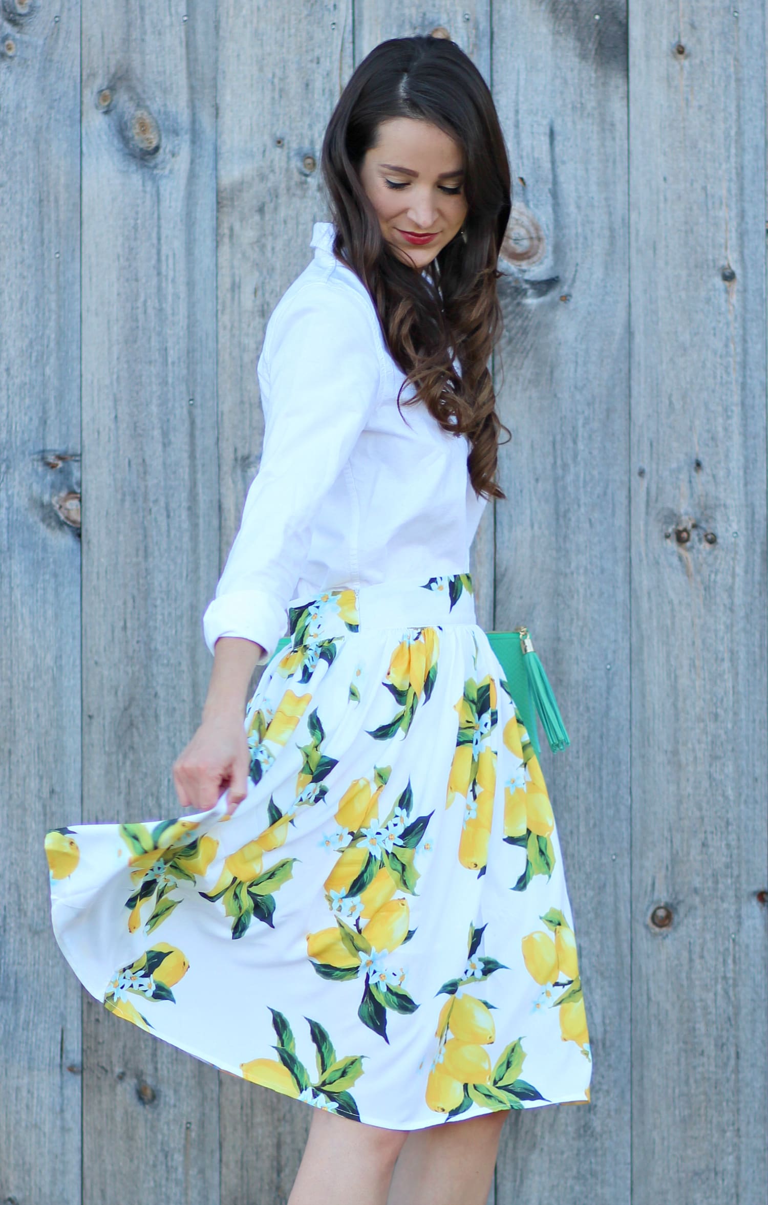 Zaful lemon print skirt with a white J.Crew Factory oxford and kelly green clutch