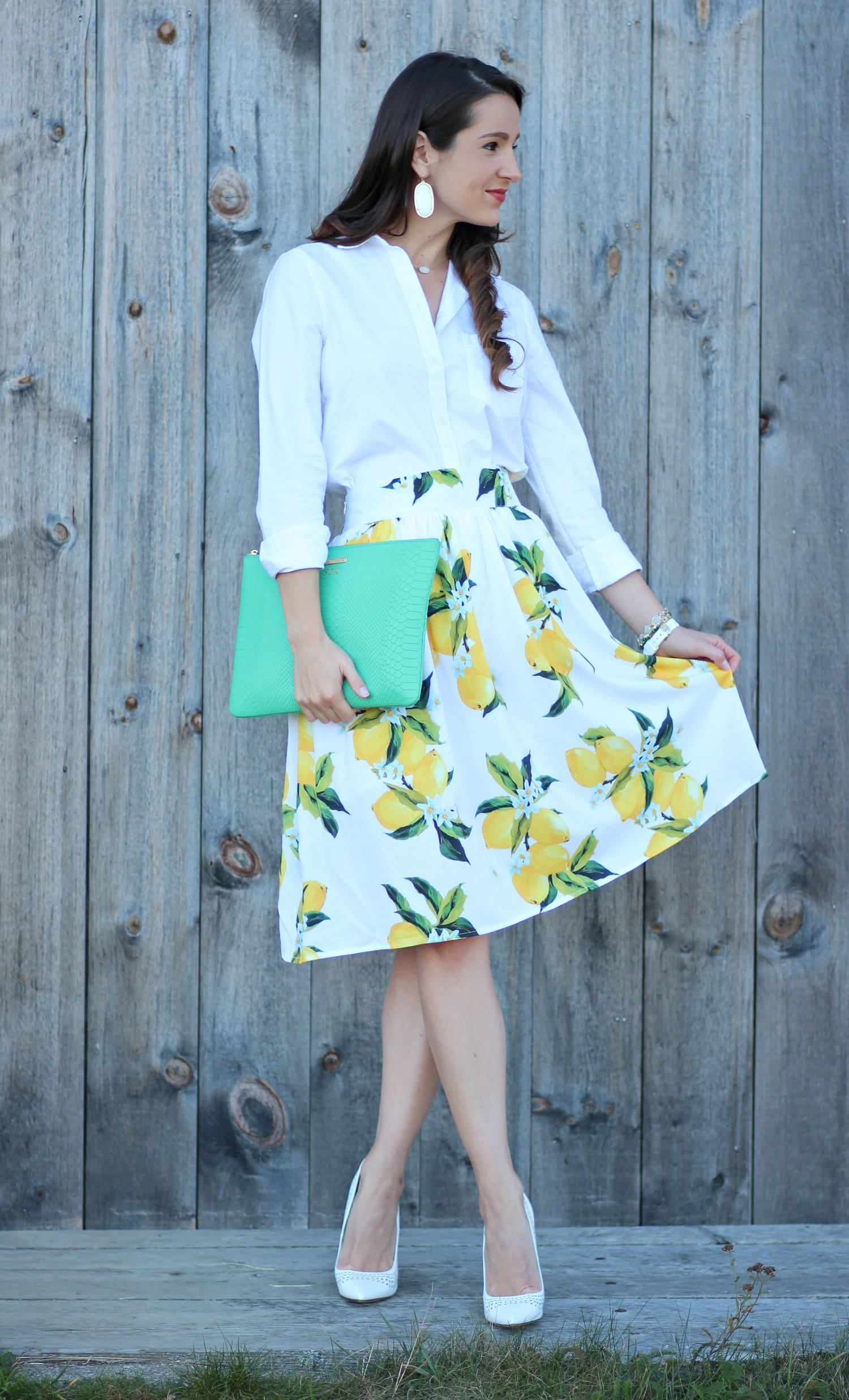 Zaful lemon print skirt with a white J.Crew Factory oxford and kelly green clutch