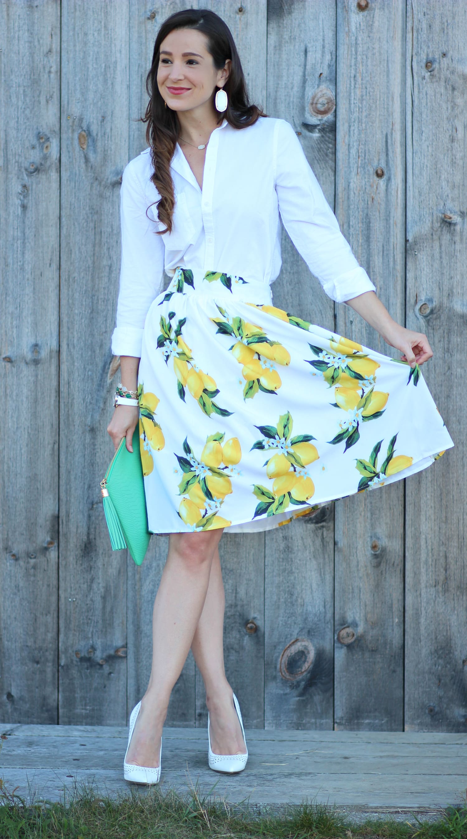 Zaful lemon print skirt with a white J.Crew Factory oxford and kelly green clutch