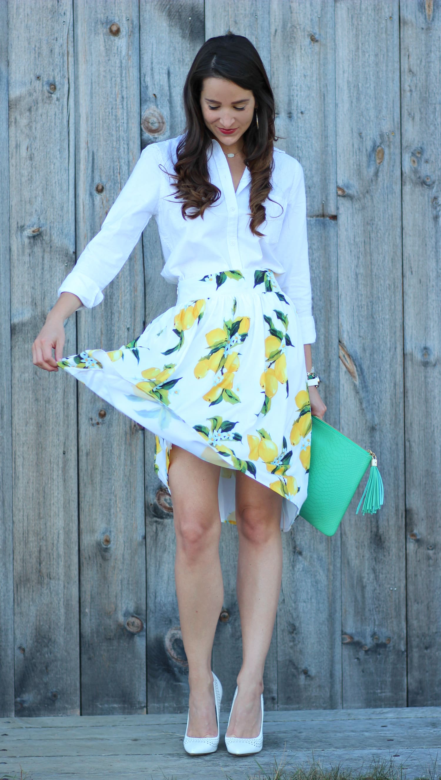 Zaful lemon print skirt with a white J.Crew Factory oxford and kelly green clutch