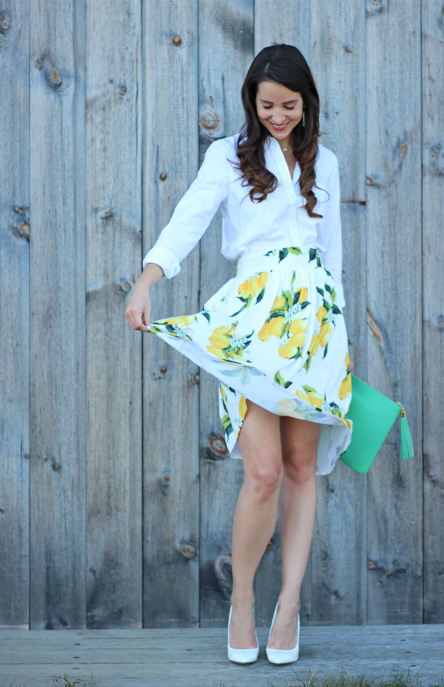 Zaful lemon print skirt with a white J.Crew Factory oxford and kelly green clutch