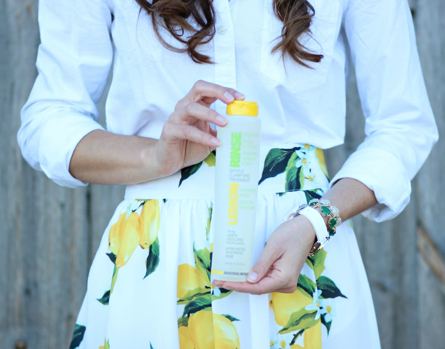 Zaful lemon print skirt with a white J.Crew Factory oxford and kelly green clutch