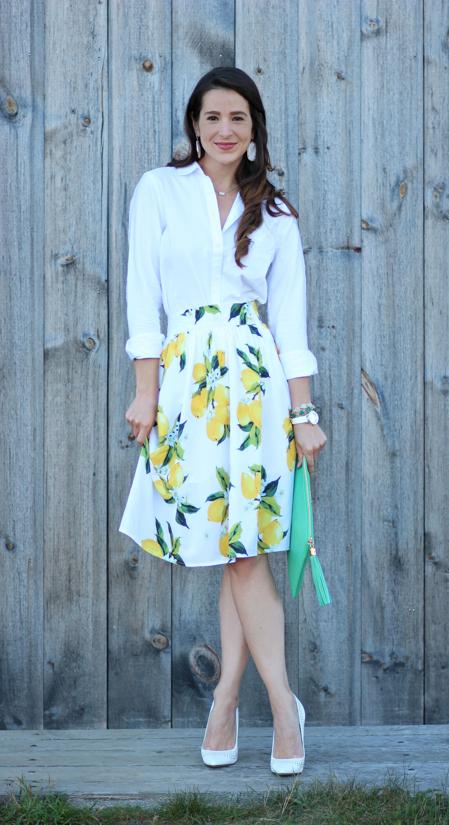 Zaful lemon print skirt with a white J.Crew Factory oxford and kelly green clutch