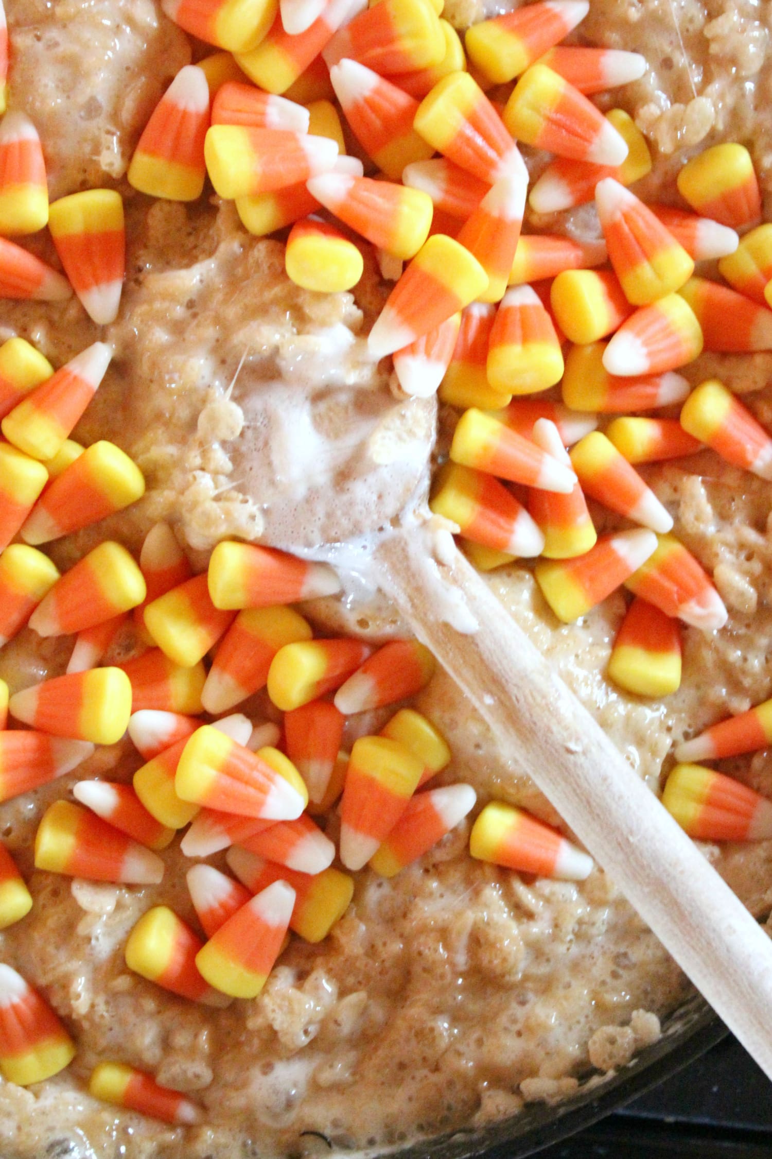 Candy corn rice krispies make a fun, simple, and delicious Halloween snack