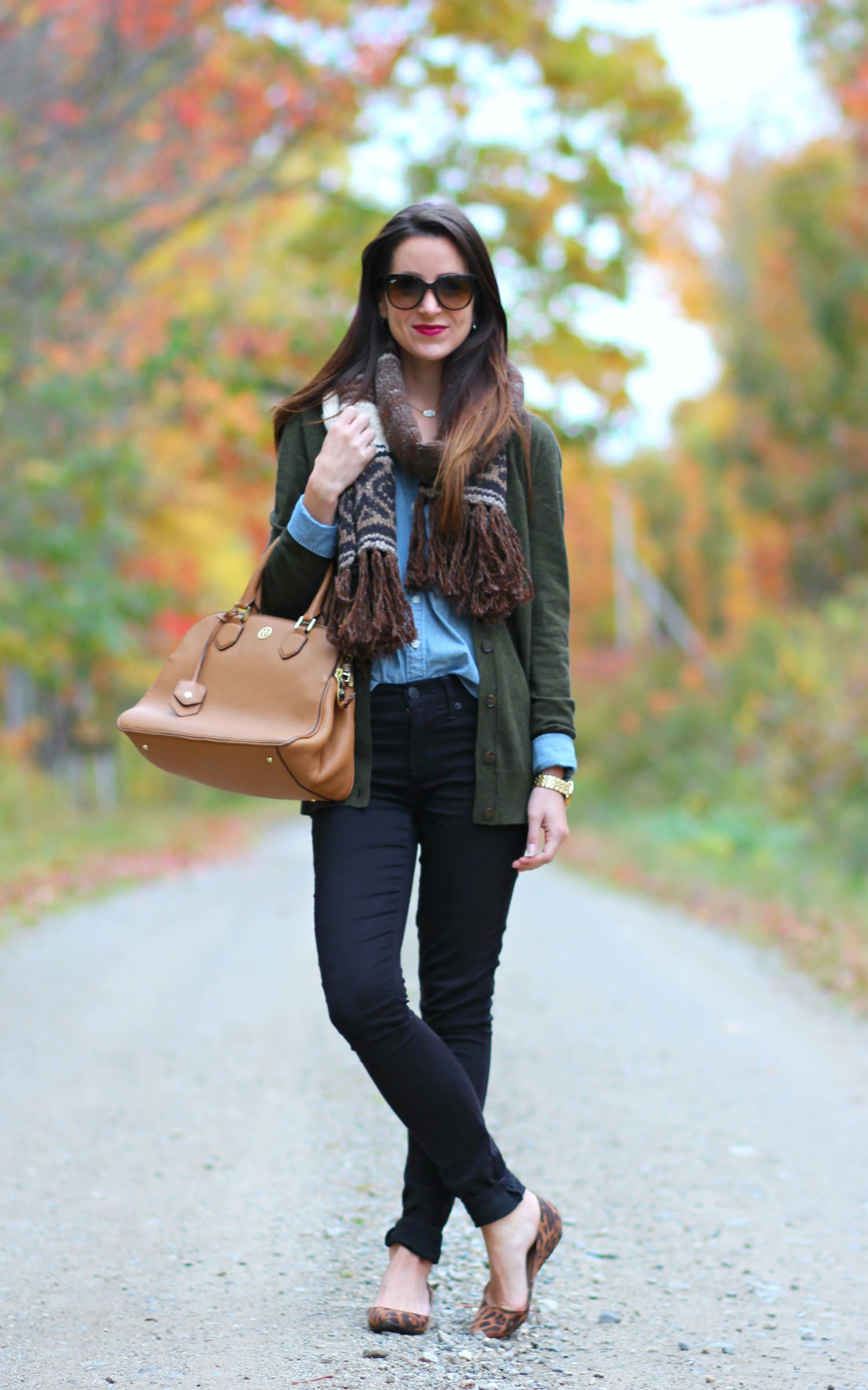 The perfect affordable olive cardigan sweater for chasing leaves in Maine