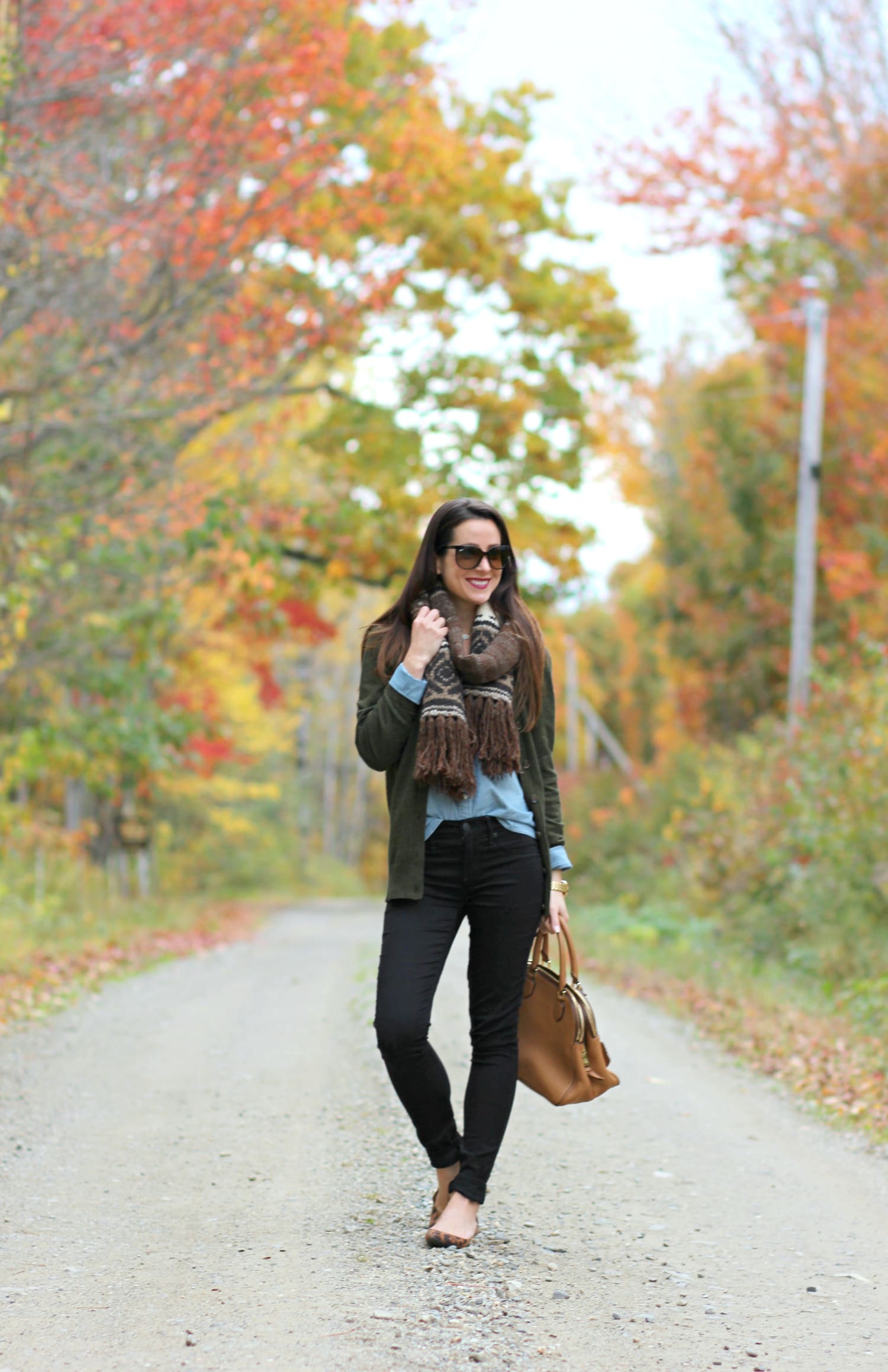 The perfect affordable olive cardigan sweater for chasing leaves in Maine