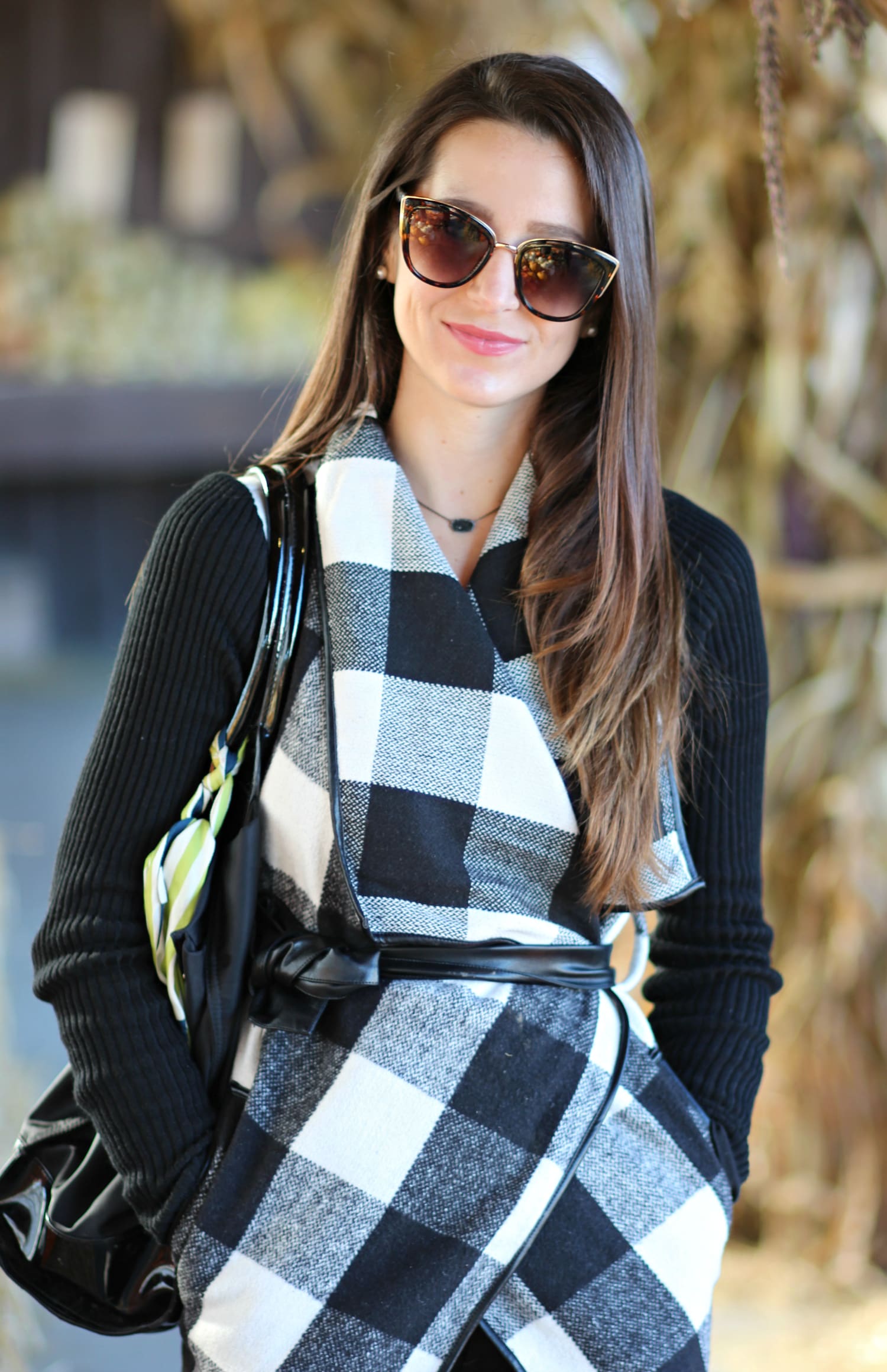 Affordable black and white plaid wrap coat from SheIn