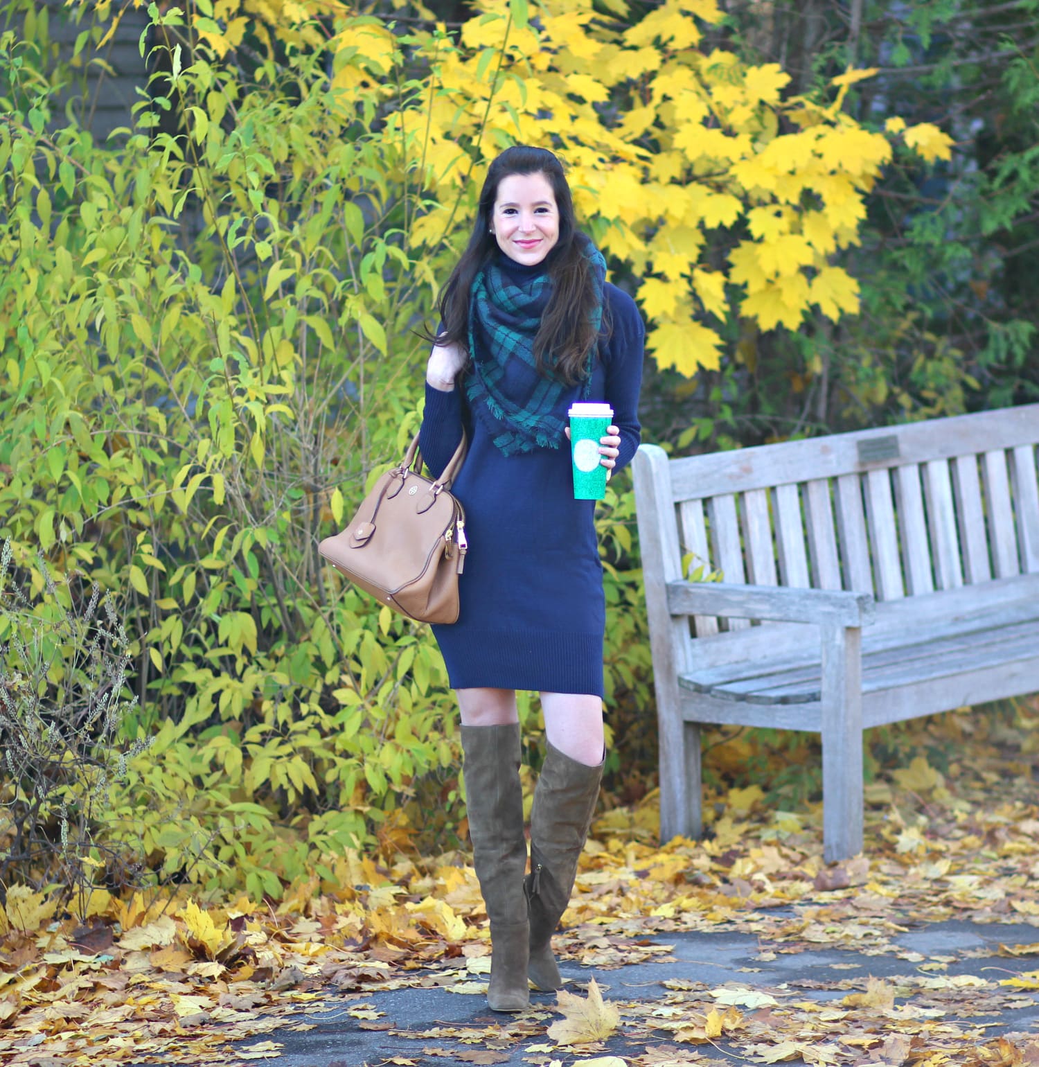Healthy smile tips with classic navy turtleneck sweater dress outfit details