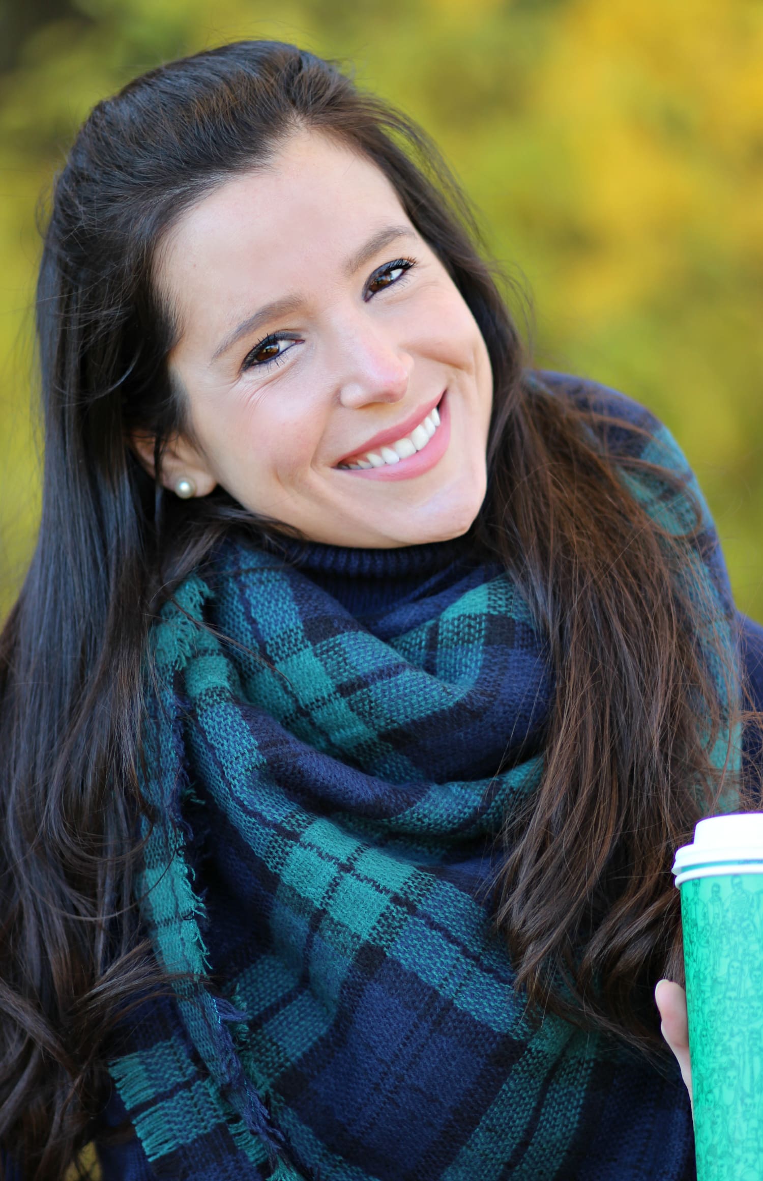 Healthy smile tips with classic navy turtleneck sweater dress outfit details