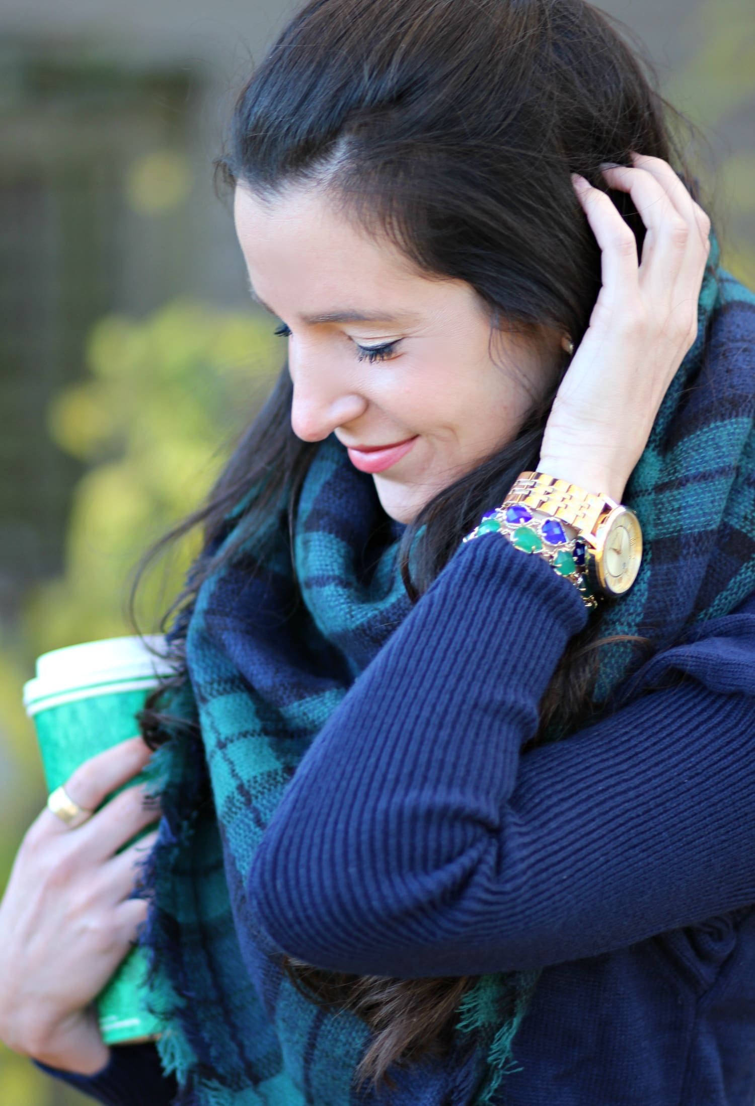 Healthy smile tips with classic navy turtleneck sweater dress outfit details