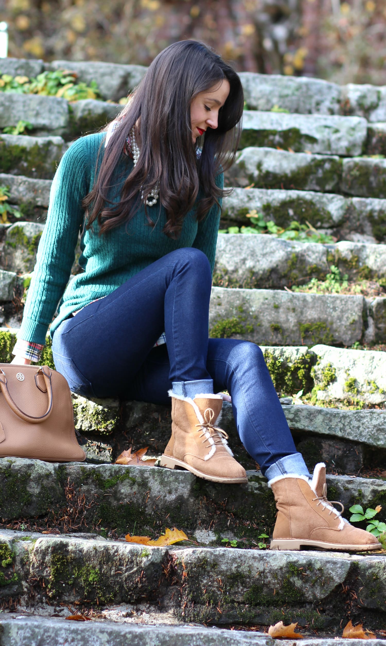 Green LLBean sweater outfit with chestnut Quincy UGG boots