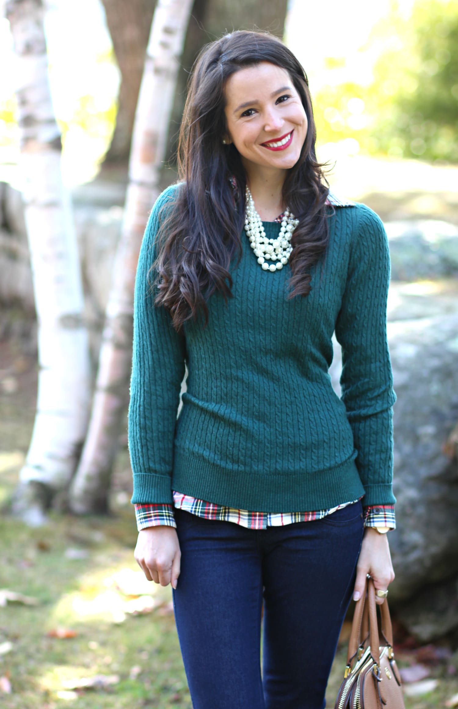 Green LLBean sweater outfit with chestnut Quincy UGG boots