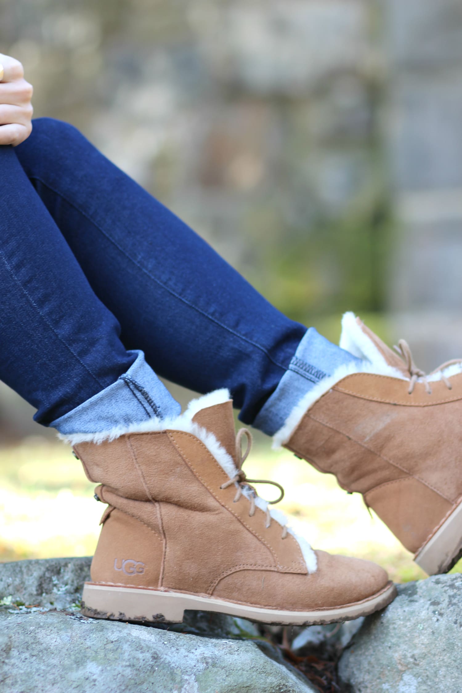 Green LLBean sweater outfit with chestnut Quincy UGG boots