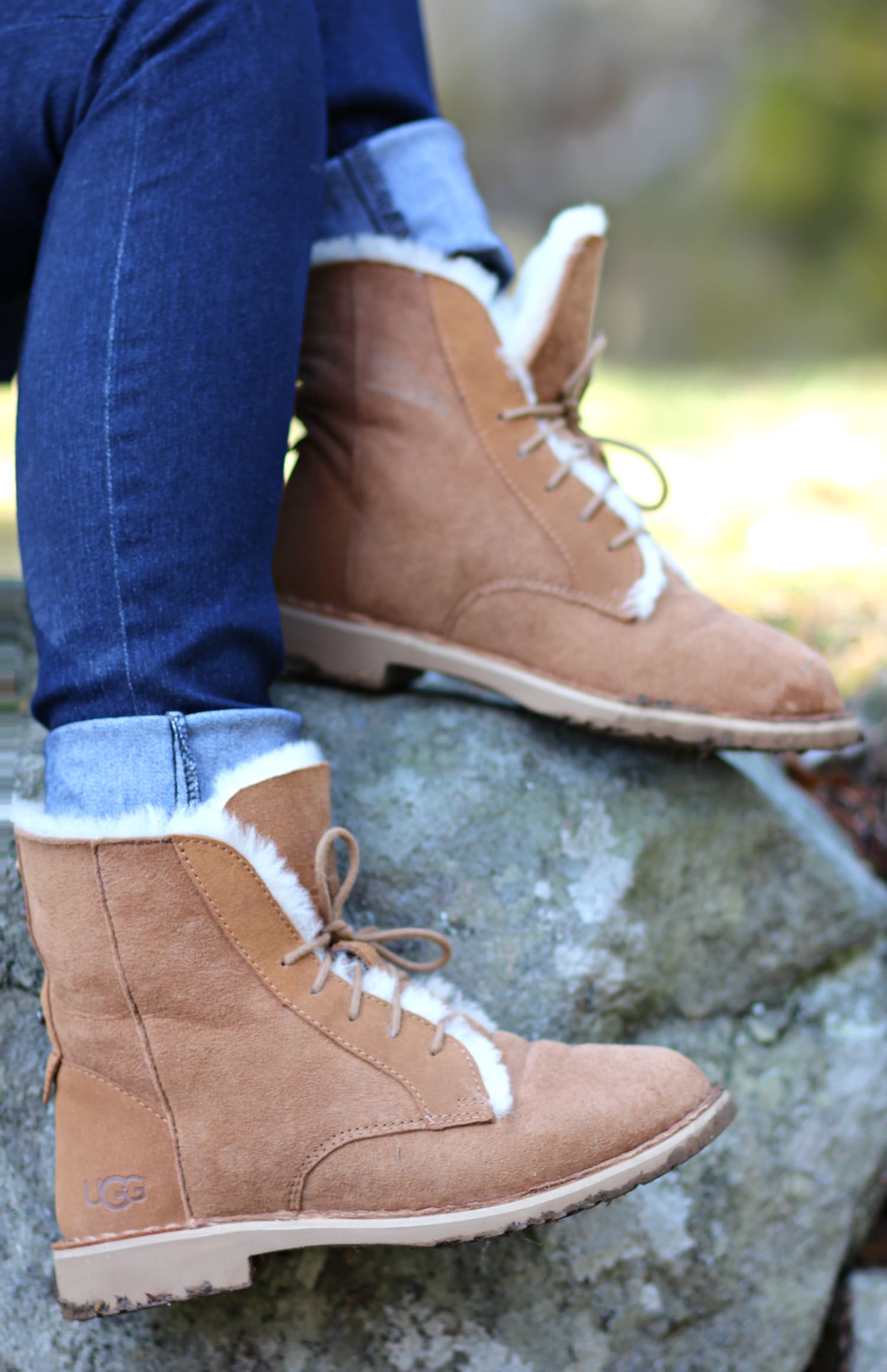 Green LLBean sweater outfit with chestnut Quincy UGG boots