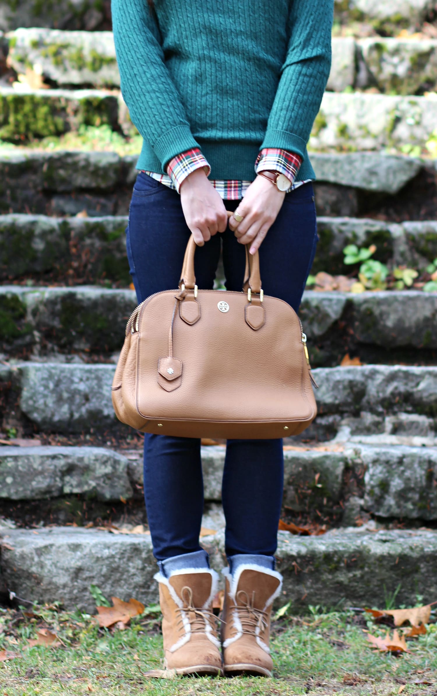 Green LLBean sweater outfit with chestnut Quincy UGG boots