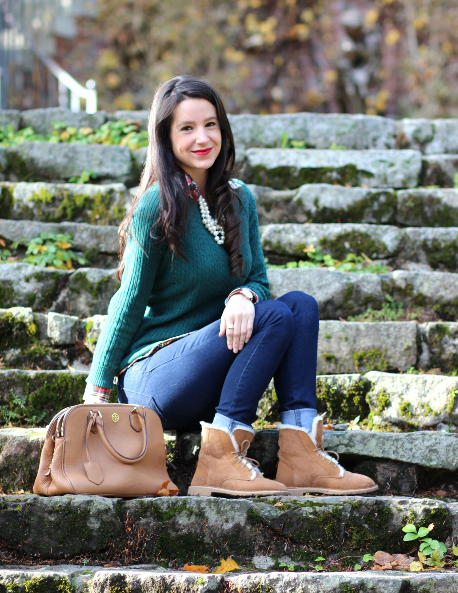 Green LLBean sweater outfit with chestnut Quincy UGG boots