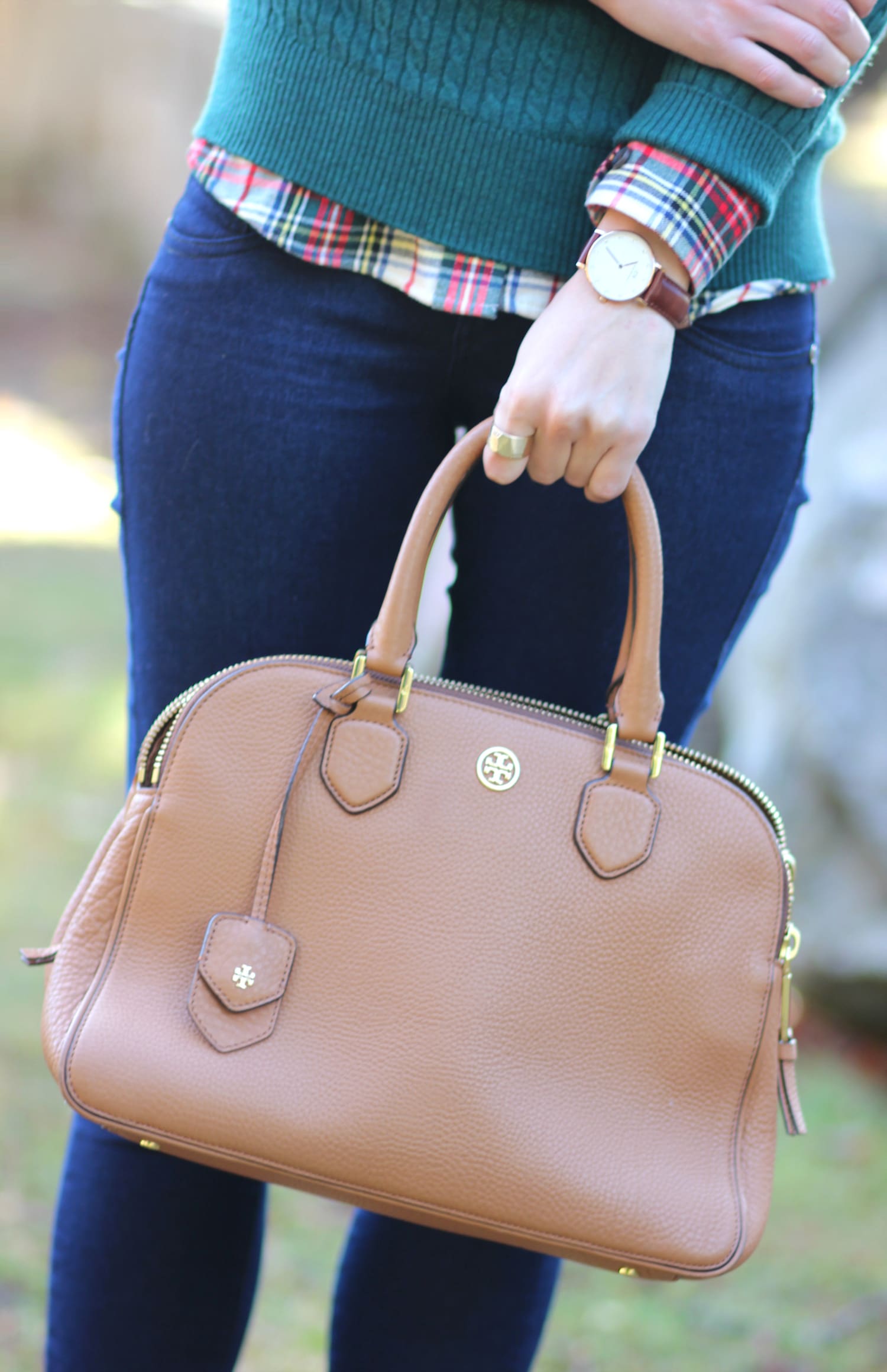 Green LLBean sweater outfit with chestnut Quincy UGG boots