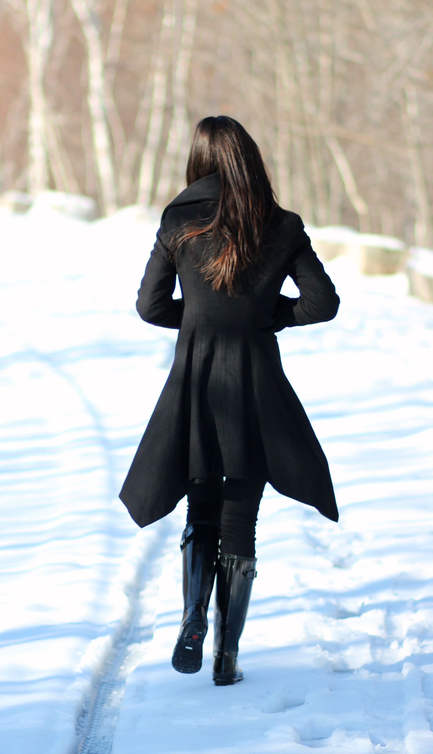 Enjoying a snow day in Bar Harbor, Maine in this black draped open front coat from Zara