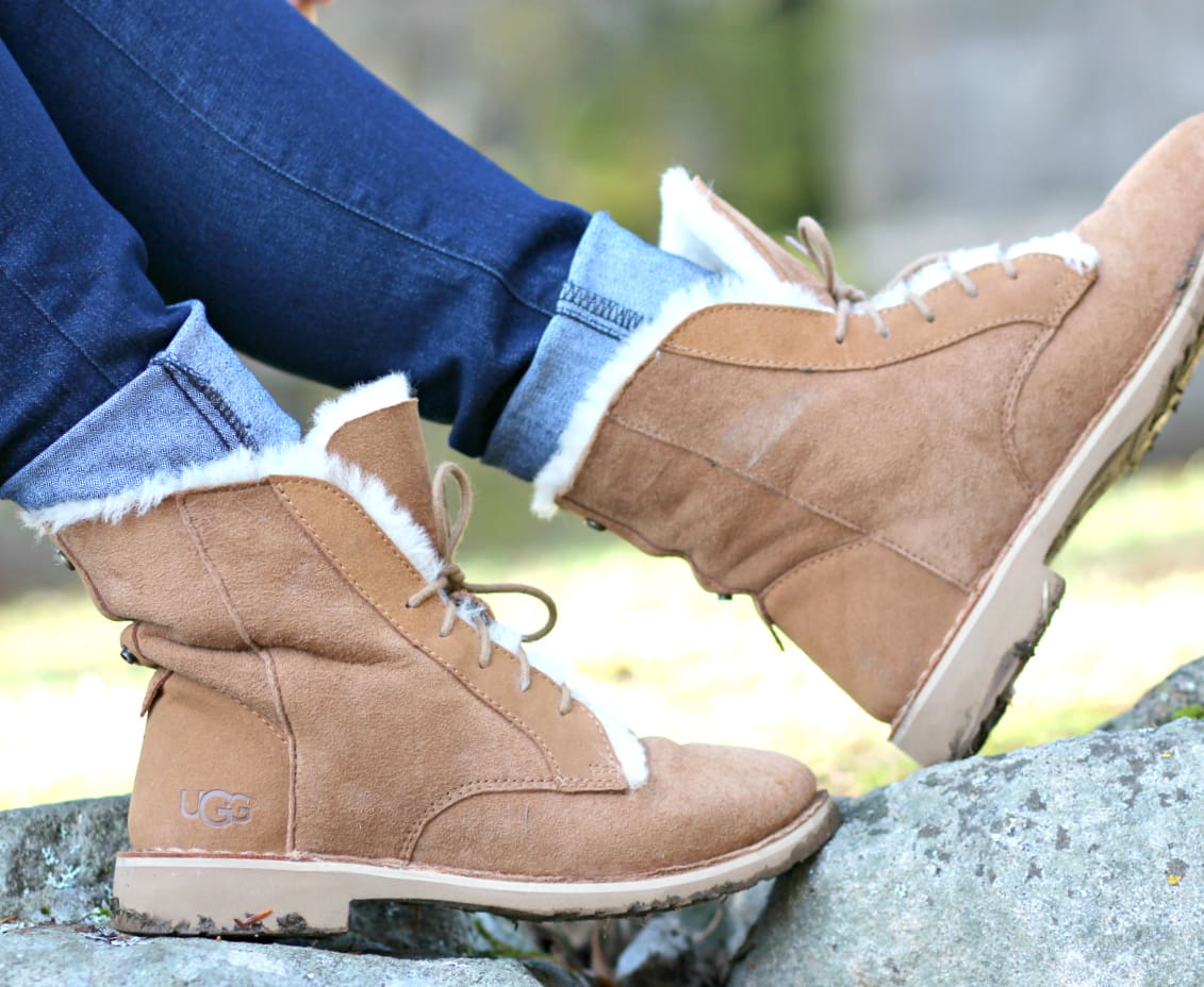 Green LLBean sweater outfit with chestnut Quincy UGG boots