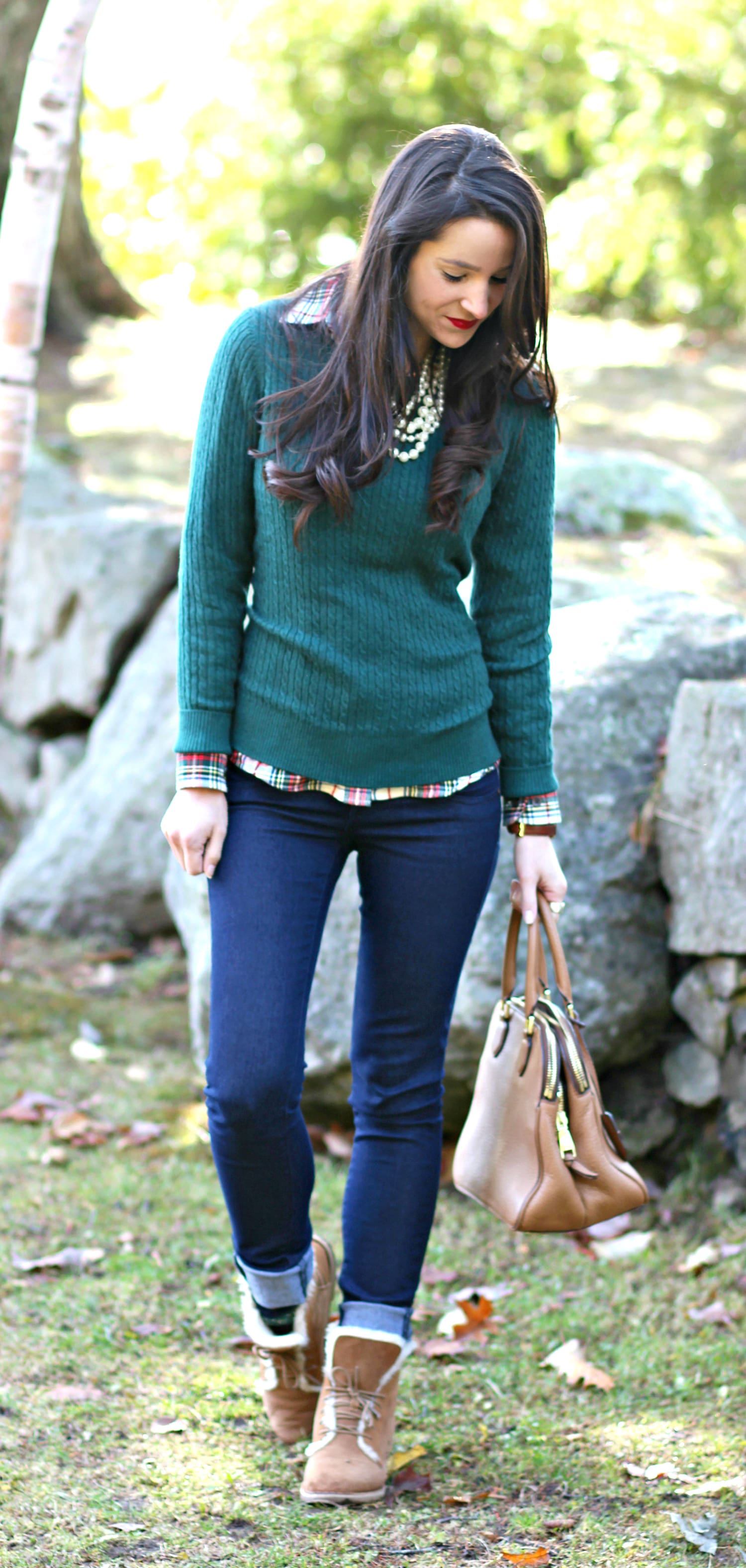 Green LLBean sweater outfit with chestnut Quincy UGG boots
