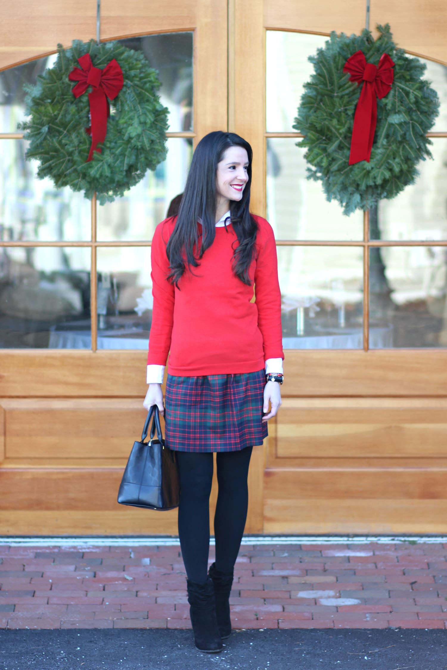 J.Crew Factory Tartan Mini Skirt and Red Teddie Sweater