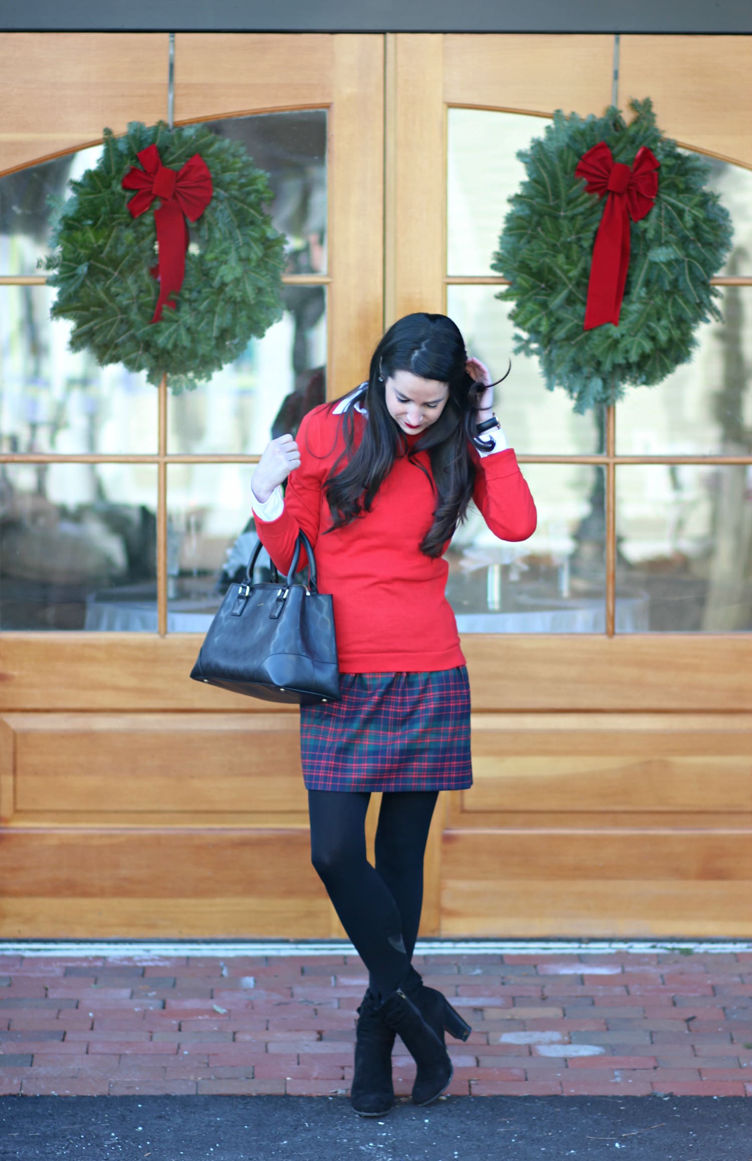J.Crew Factory Tartan Mini Skirt and Red Teddie Sweater