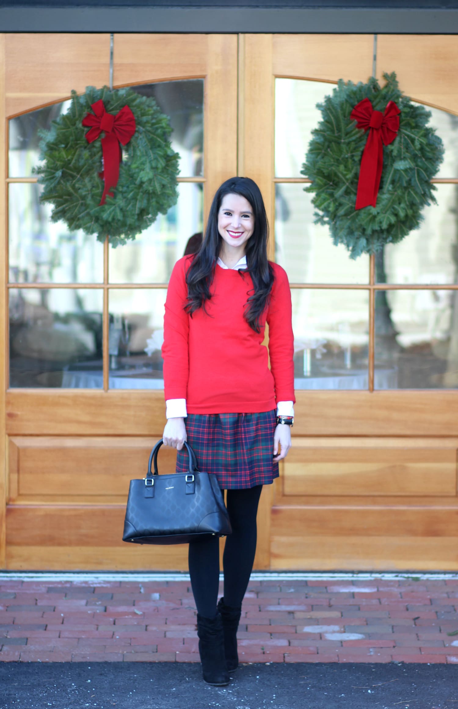 J.Crew Factory Tartan Mini Skirt and Red Teddie Sweater