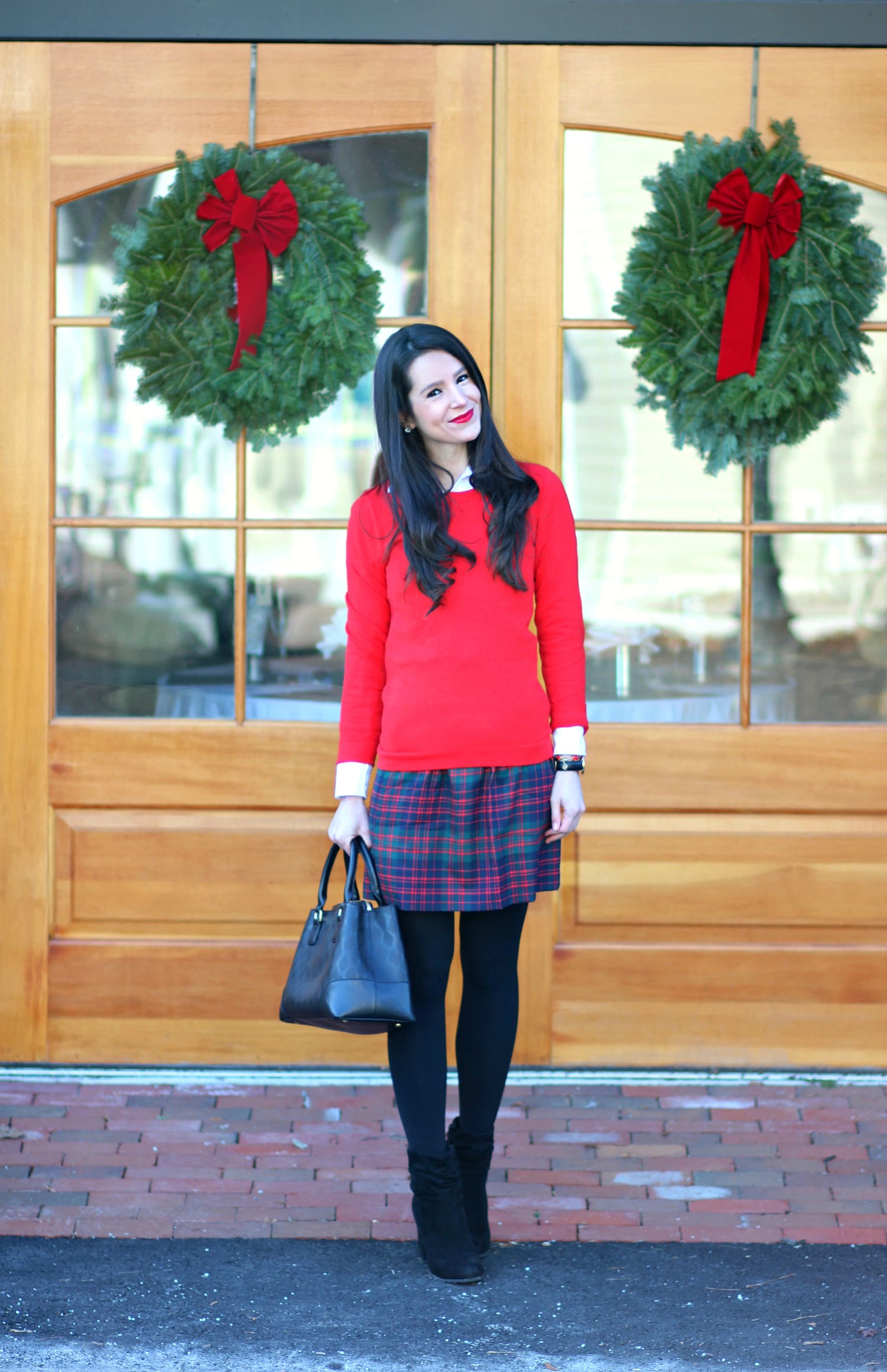 J.Crew Factory Tartan Mini Skirt and Red Teddie Sweater