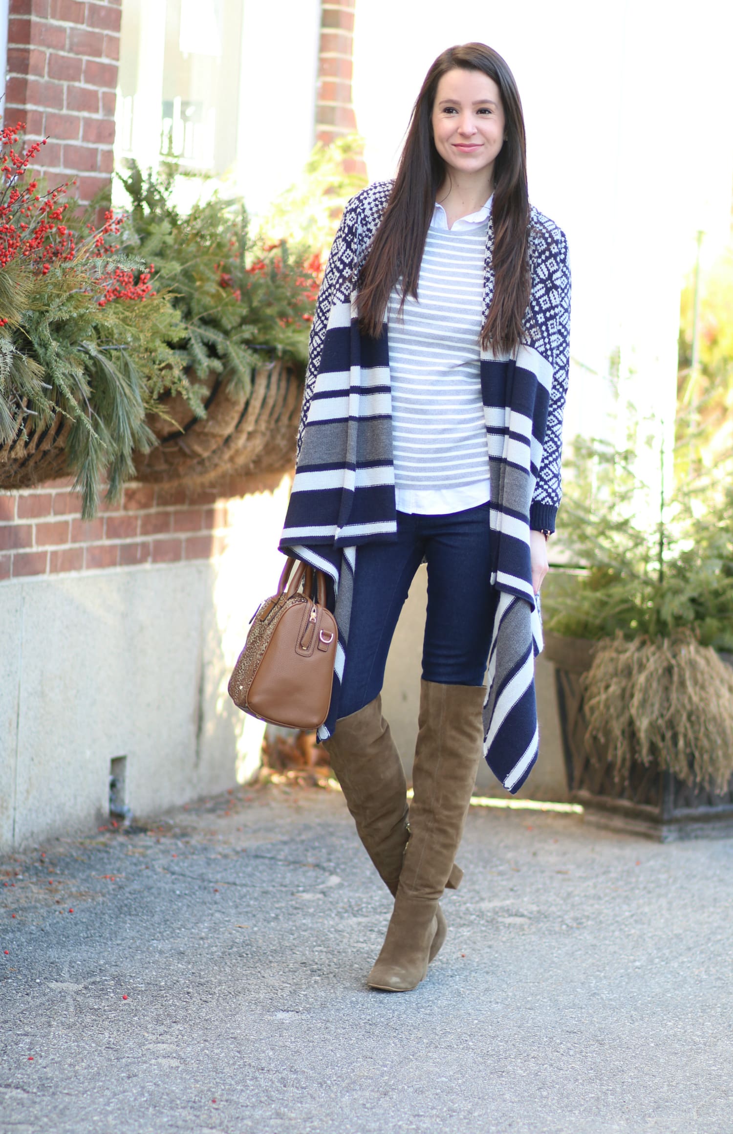 Navy Jacquard Poncho and Cognac OTK Boots