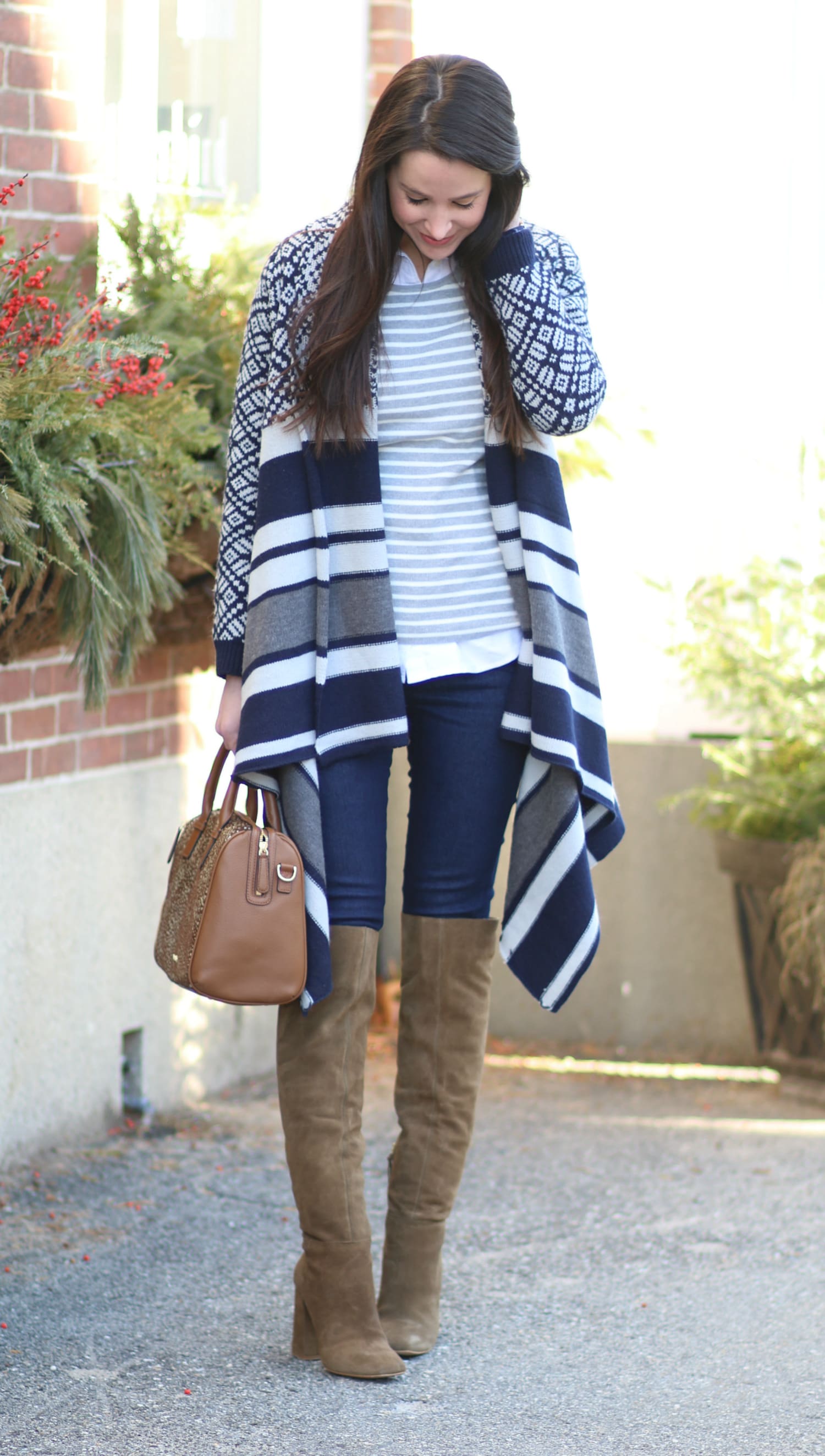 Navy Jacquard Poncho and Cognac OTK Boots